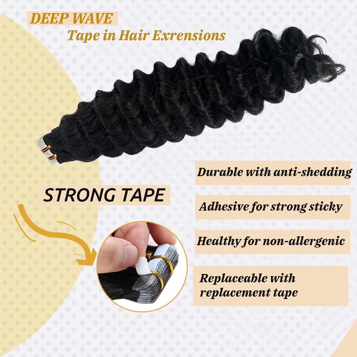 Tape In Hair Extensions Human Hair For Black Women,16Inch Deep Wave Tape In Extensions 9A Brazilian Virgin Hair Curly Wave Tape