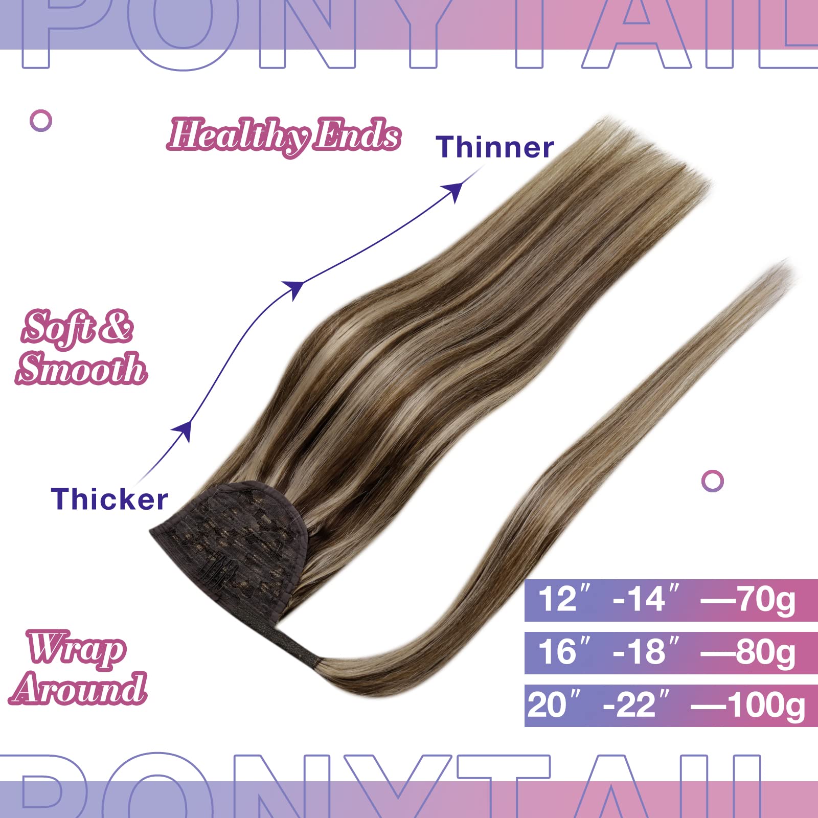 Hetto Ponytail Extension Human Hair 12 Inch 70g Wrap Around Ponytail Hair Extensions #4/27 Dark Brown Highlight Caramel Blonde P