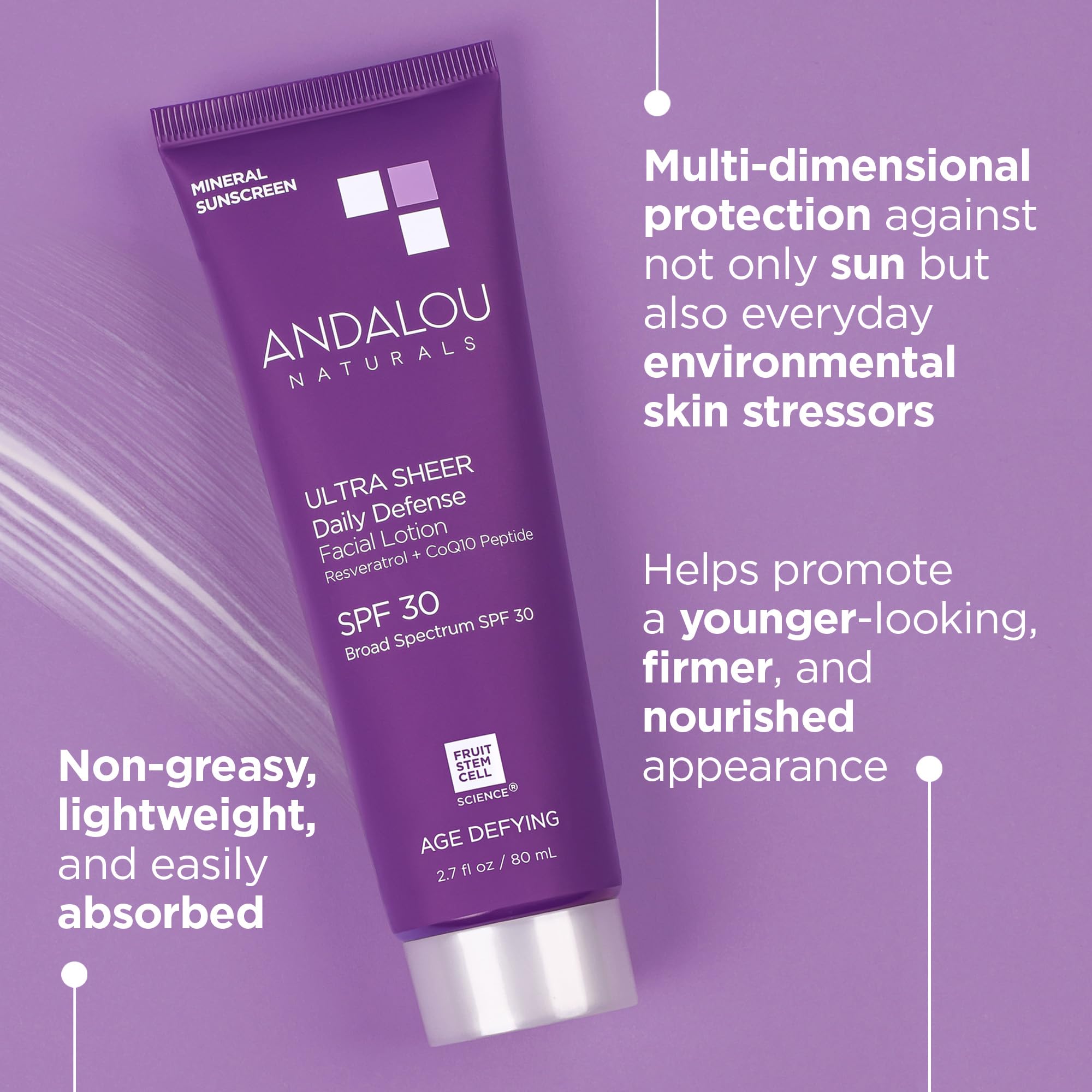 Andalou Naturals Age Defying Face Sunscreen, Spf 30 Zinc Oxide Mineral Sunscreen, Ultra Sheer Daily Defense Face Lotion, Helps H