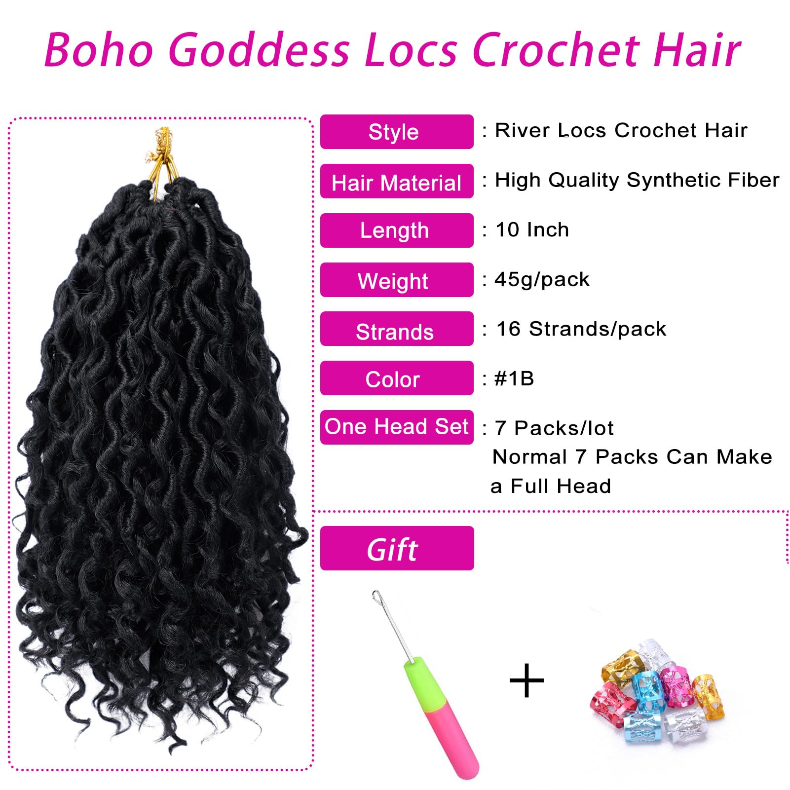 Dorsanee Goddess Locs Crochet Hair, 10 Inch, 7 Packs, Curly Faux Locs, Synthetic, Color #1B