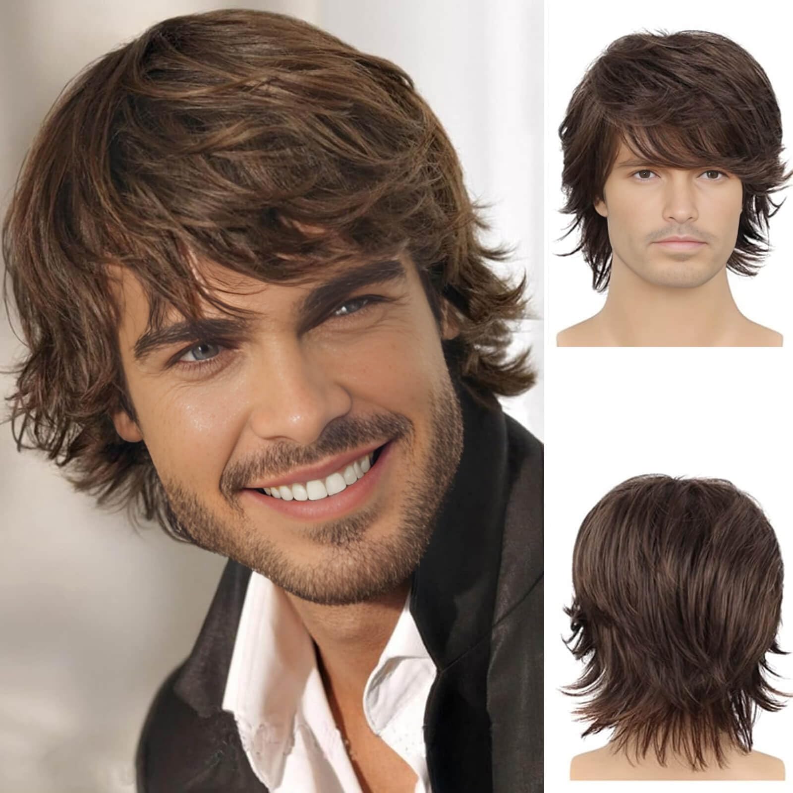 Creamily Mens Wig Short Hair, Mens Short Brown Wolf Cut Wigs Mullet Wig Synthetic Hair Replacement Wigs Fluffy Layered Natural H