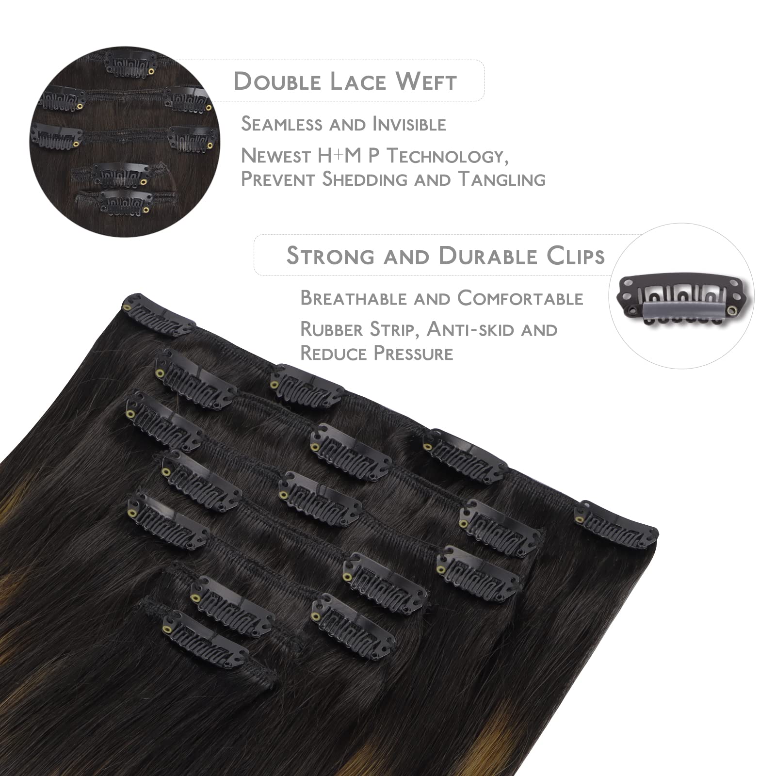 Wennalife Clip In Human Hair Extensions, 16 Inch 120G 7Pcs Natural Black To Chestnut Brown Balayage Hair Extensions Clip In Huma