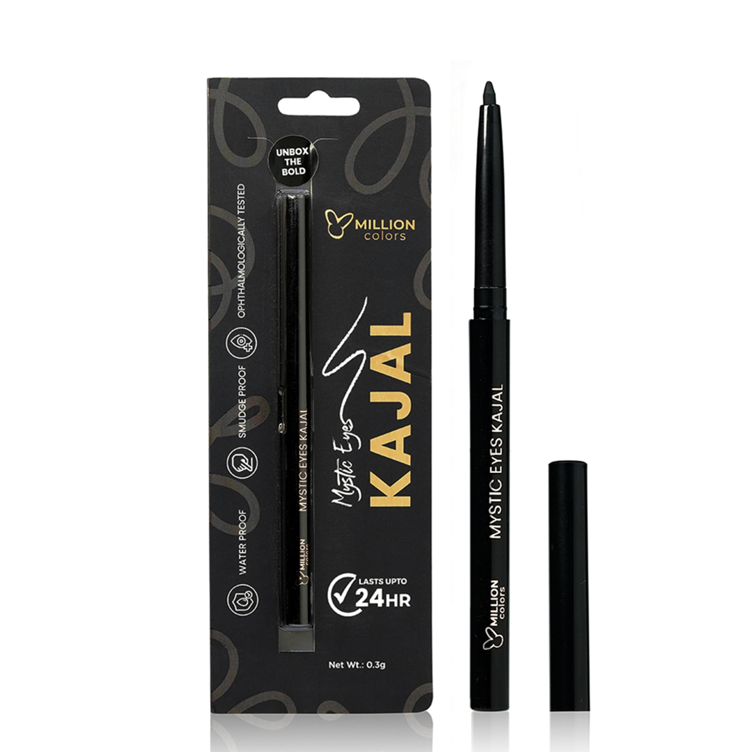 Million Colors Waterproof Mystic Black Kajal | Infused With Chamomile, Castor And Aloevera Oil | Smudge Proof & LongLasting | O