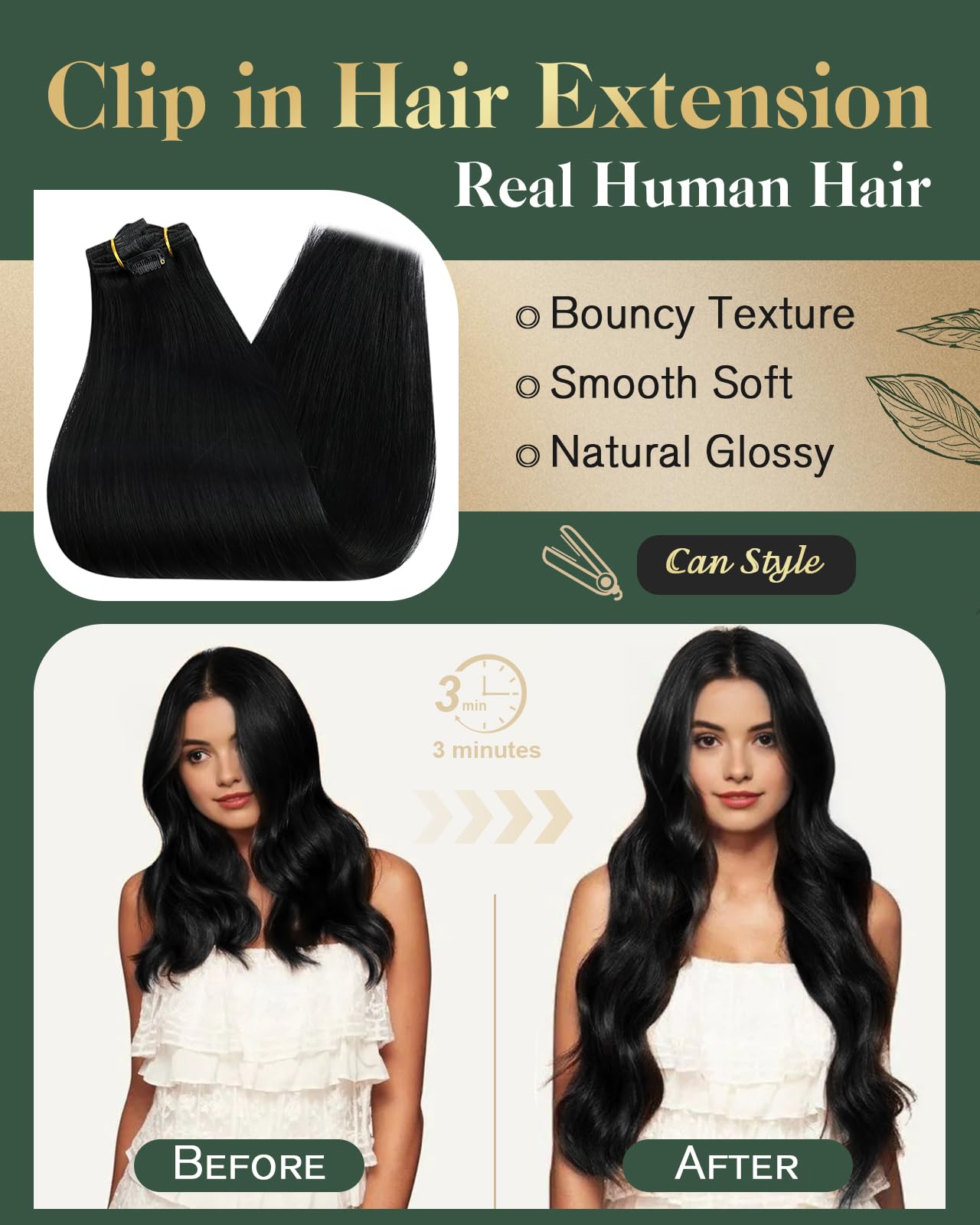 Ugeat 14 Inch Clip In Hair Extensions Real Human Hair #1 Jet Black Double Weft With Lace Human Hair Extensions Clip Ins 8 Pieces