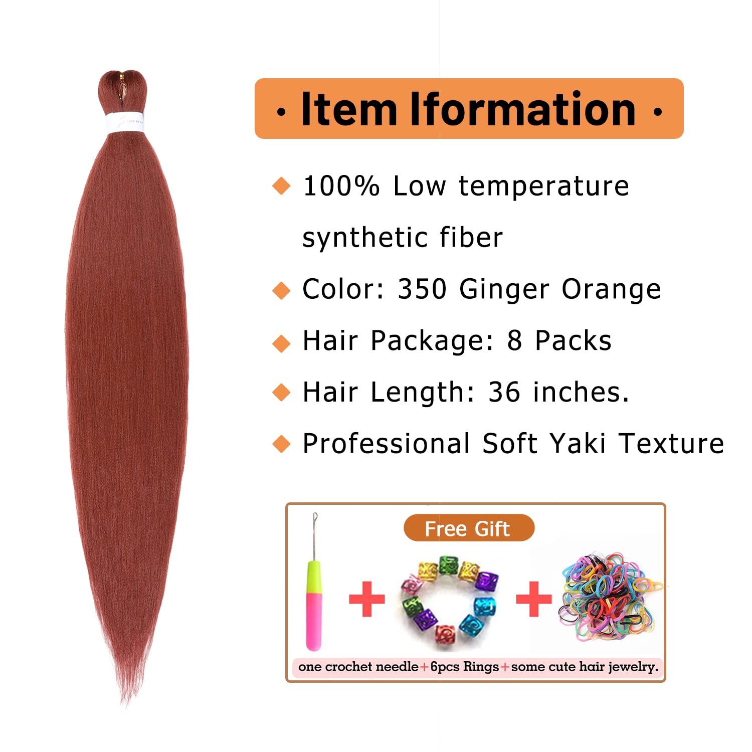 Ginger Braiding Hair Pre Stretched 8 Packs 36 Inch Long 350 Copper Red Braiding Hair Yaki Texture, Hot Water Setting, Easy To In