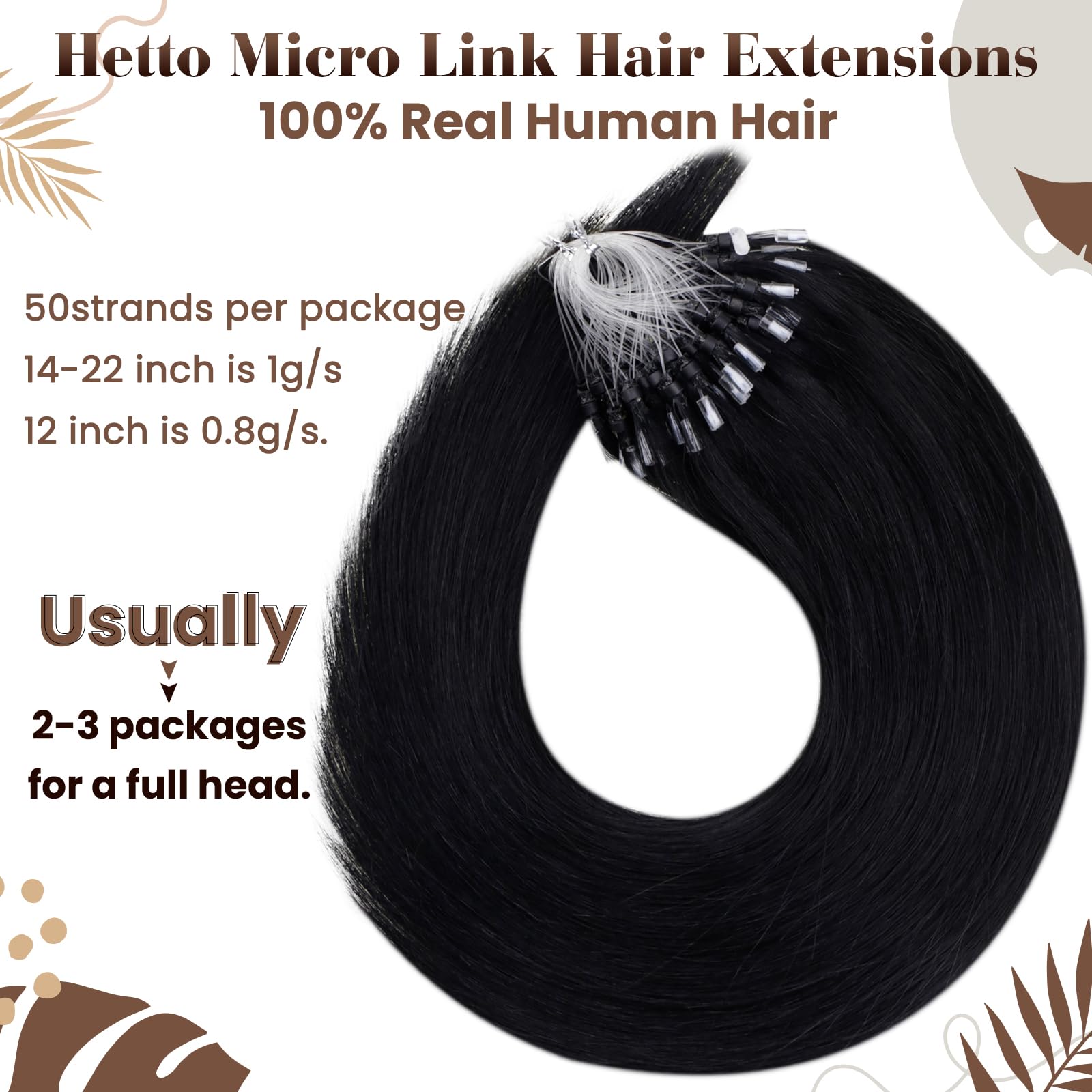 Hetto Micro Links Hair Extensions Human Hair #1 Jet Black Micro Loop Hair Extensions Real Human Hair 18 Inch Straight Microbeads