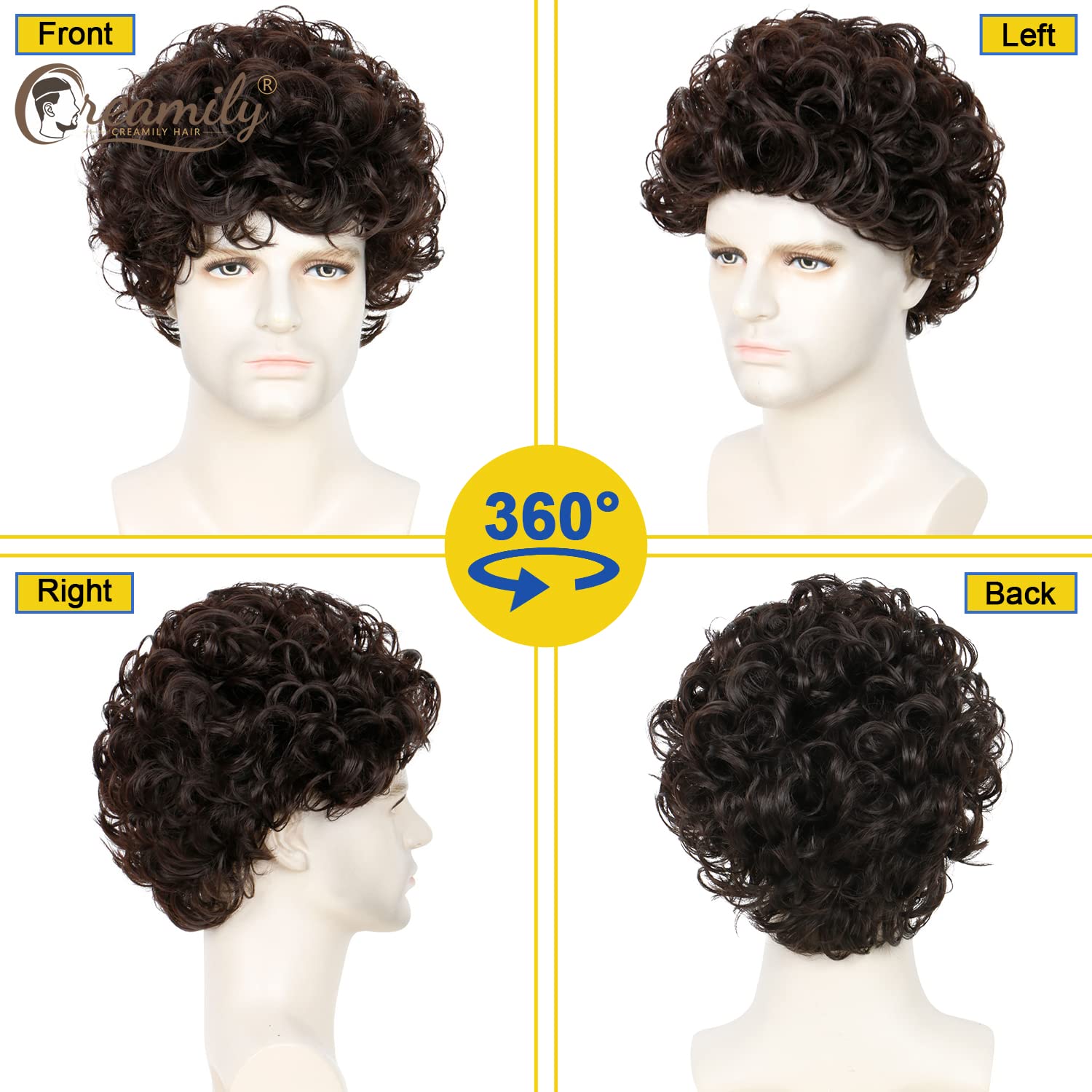 Creamily Men'S Wig Short Brown Curly Wig Fully Hair Wigs With Bangs Natural Curly Synthetic Hair Replacement Wig Party Cosplay H