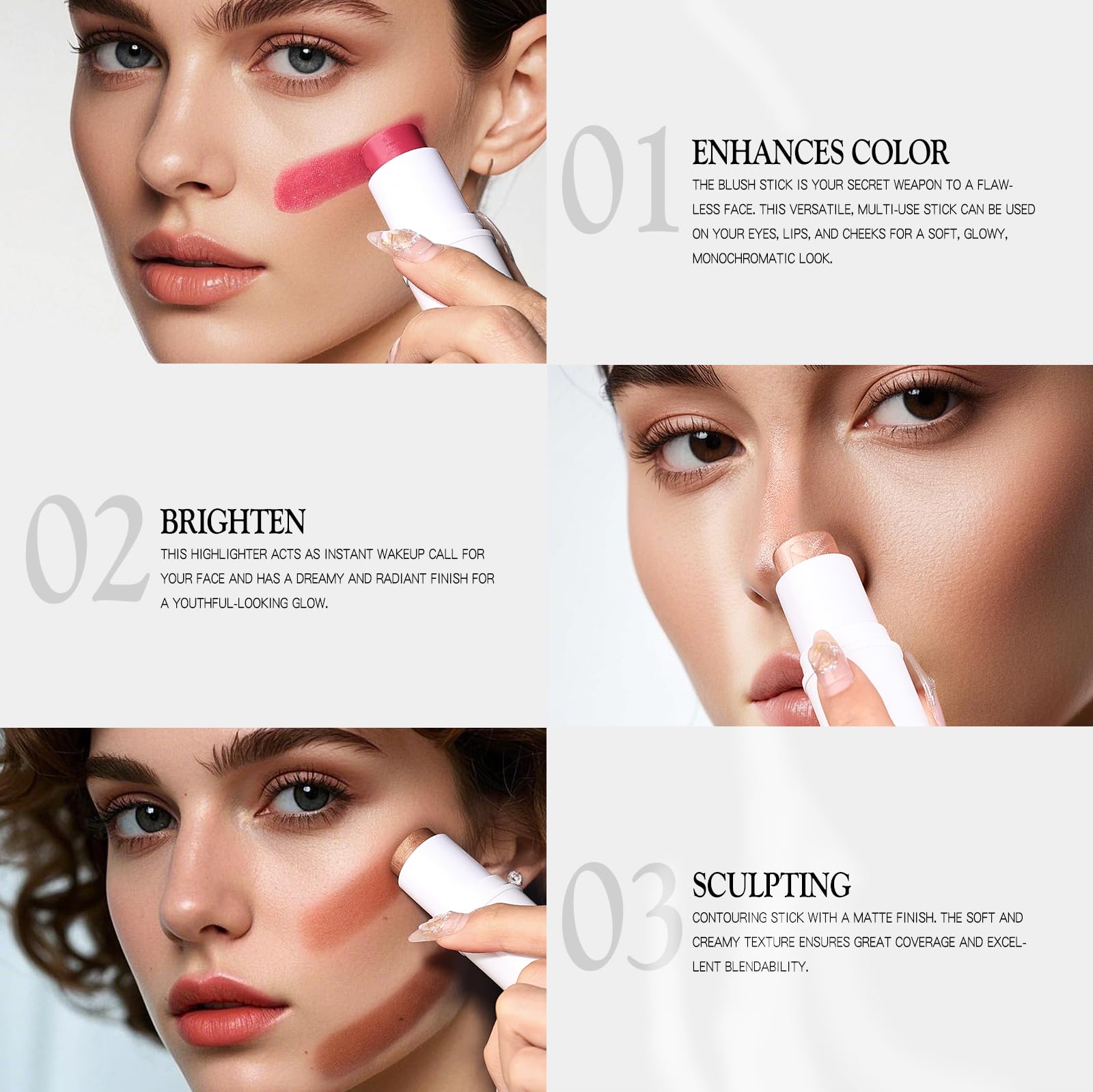 bayfree 3 PCS Makeup Cream Contour Stick Set, Highlighter Stick & Bronzer Stick & Blush Stick, Long Lasting, Natural Face Contou