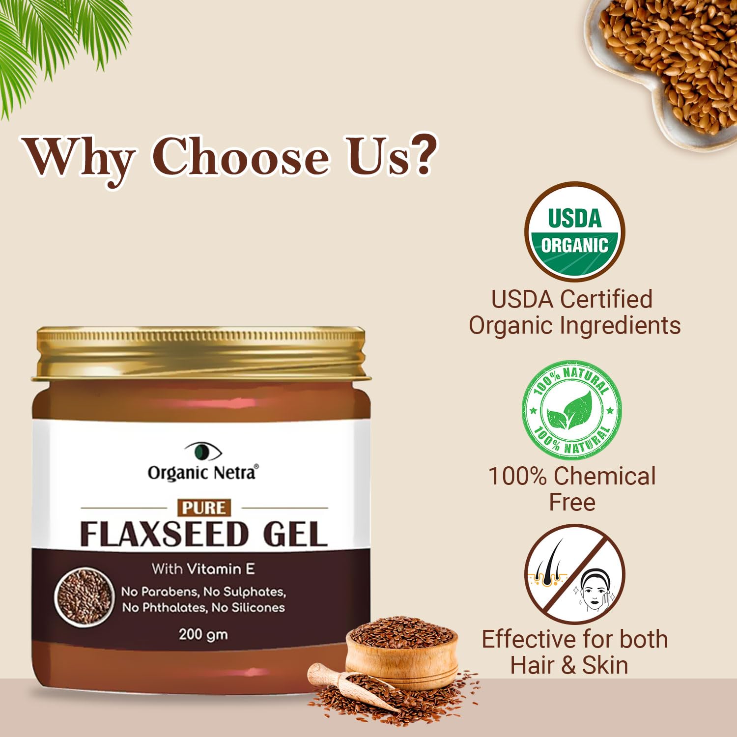 Organic Netra Pure Flaxseed Gel With Vitamin E For Hair & Skin, Strengthens & Nourishes Hair & Skin Health, Safe & Mild for All