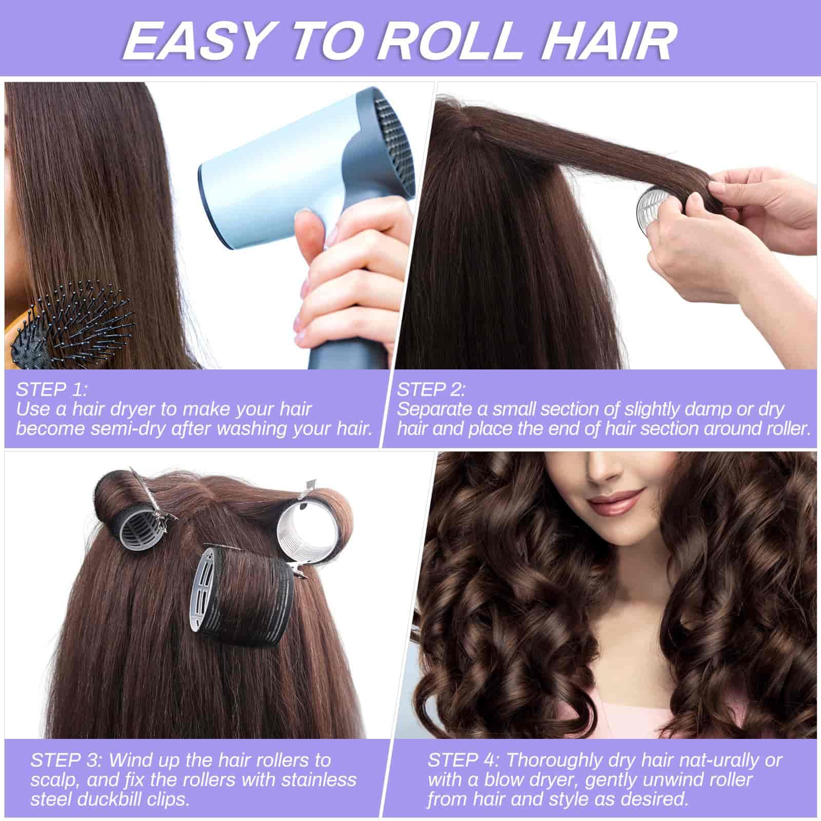 Self Grip Hair Rollers Curlers 24 Pcs Set with 12Pcs Hair Rollers 3 Sizes (4 Jumbo, 4 Large & 4 Medium) and 12 Pcs Hair Clips fo