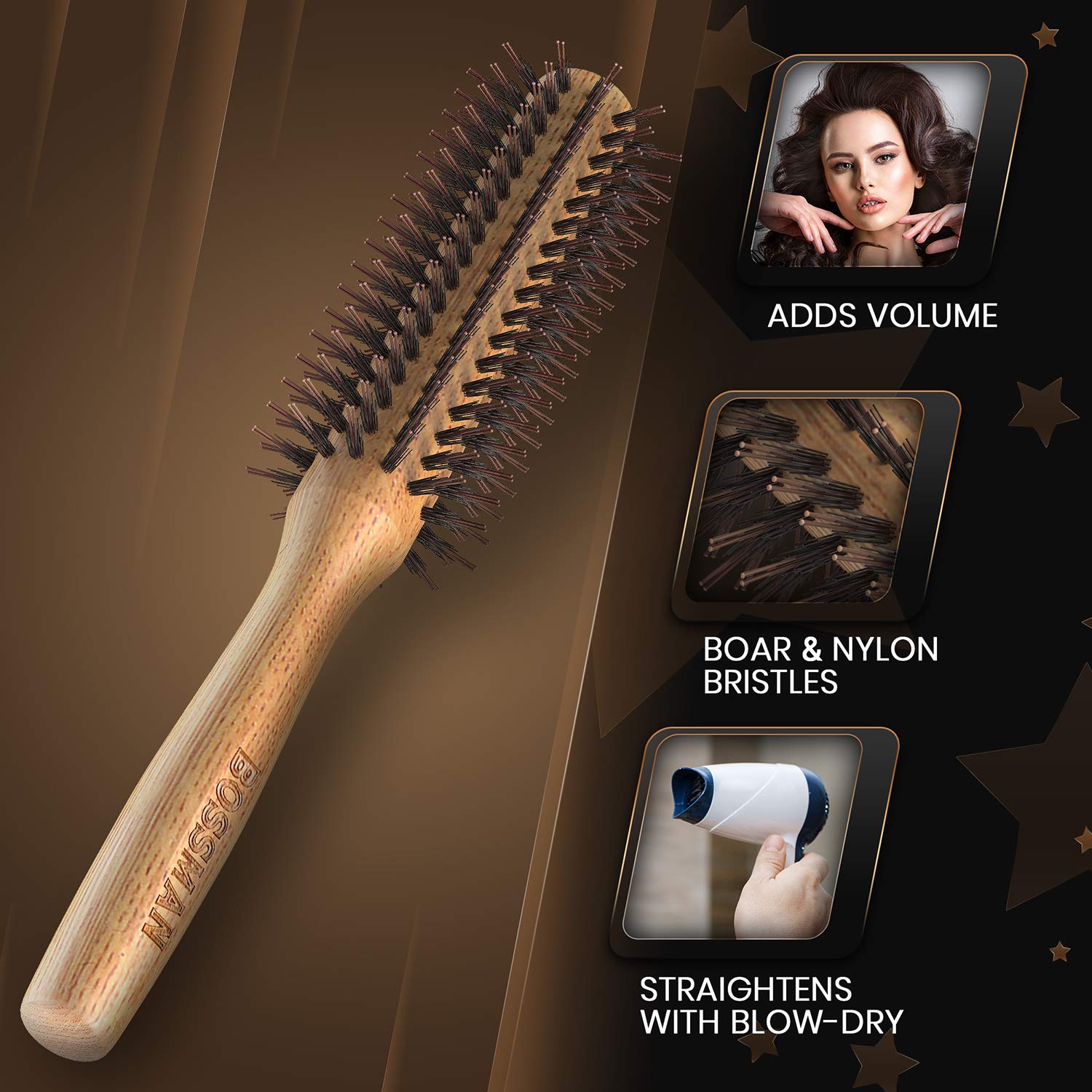 Bossman 2'' Round Boar & Nylon Bristle Hair Brush for Blow Dryer, Styling, Curling, Detangling and Straightening