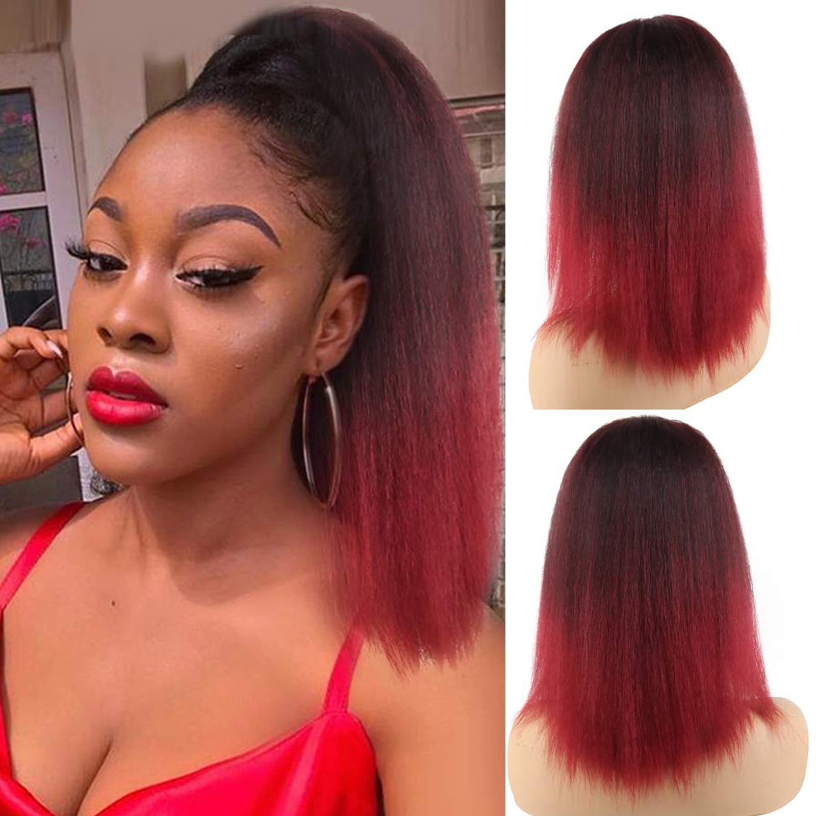 LEOSA 14 inch Drawstring Ponytails for Black Women Short Natural Black Yaki Straight Drawstring Ponytail Hair Extensions (14 Inc