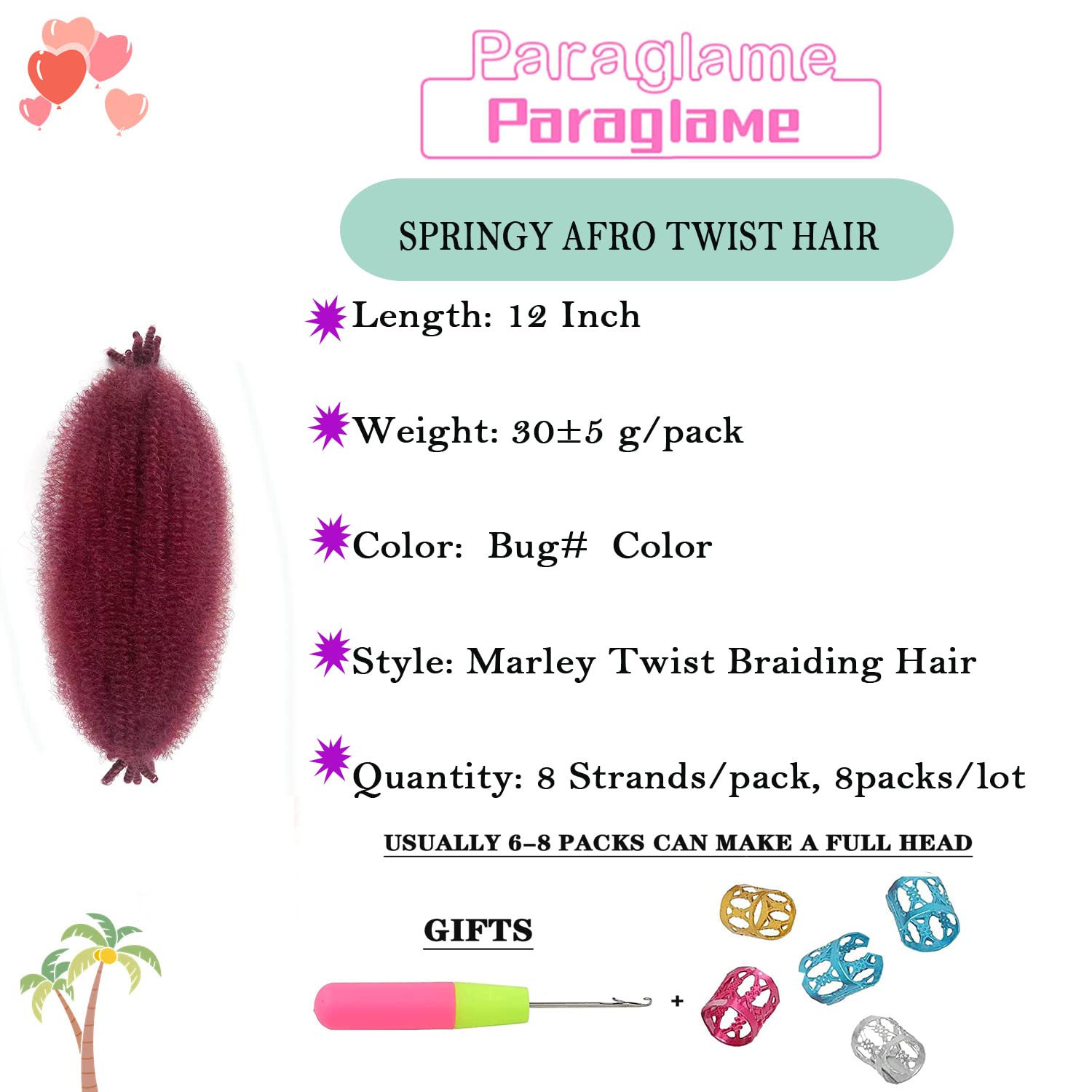 Springy Afro Twist Hair 12 Inch Bug 8 Packs Spring Twist Hair, Kinky Twist Hair for Braiding, Marley Twist Braiding Hair for Sof