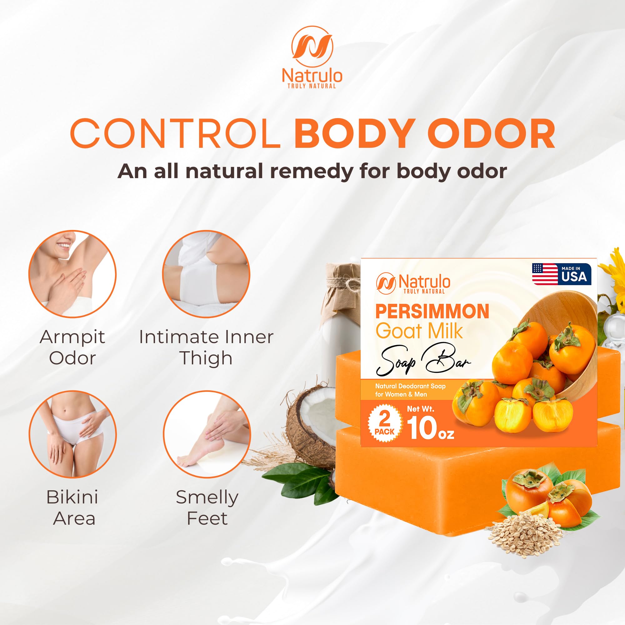 Natrulo Persimmon Soap Bar - Purifying Deodorizing Body Wash with Goat Milk, 5 oz (Pack of 2) for Men & Women, Great for Skin Brightening