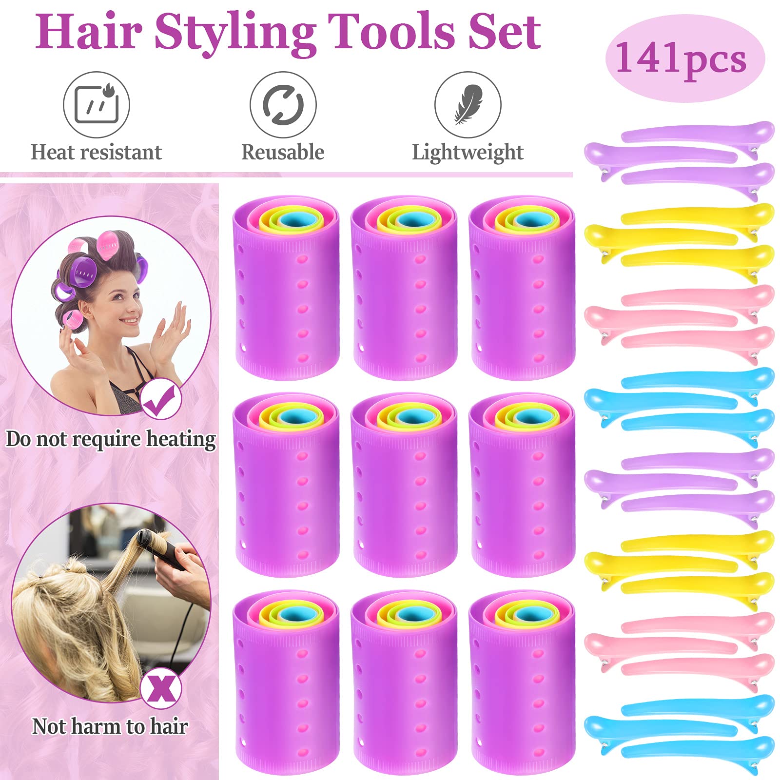 141 Pieces Magnetic Hair Rollers Set, Include 60 Pieces Mixed Sizes Plastic Hair Rollers With 60 Pins, 20 Duck Teeth Hair Clips