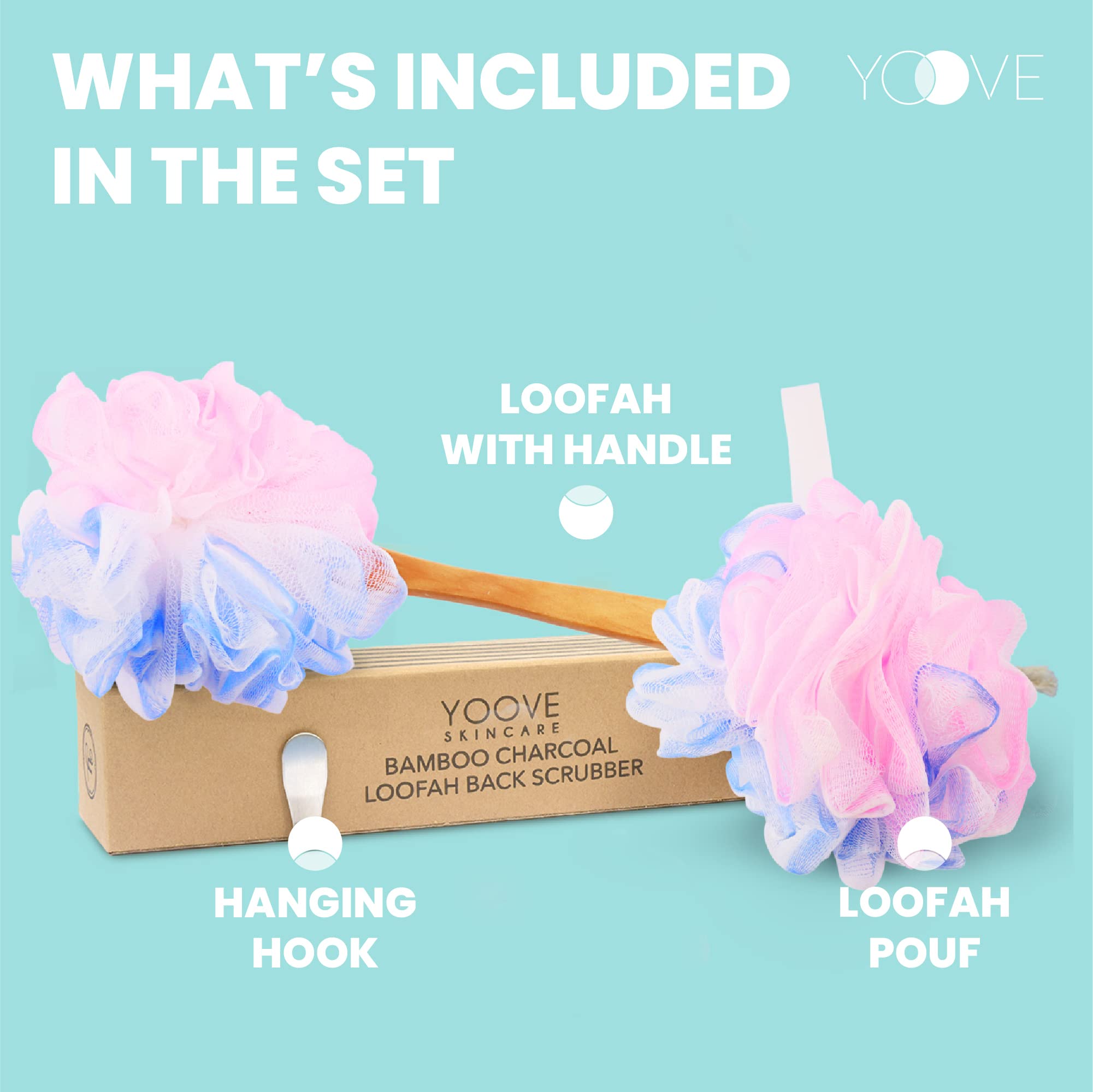 Yoove Loofah Back Scrubber - Bamboo Charcoal Fiber Infused Bath Sponge - Lufa Body Scrubber For Men & Women - Includes Wooden Ha