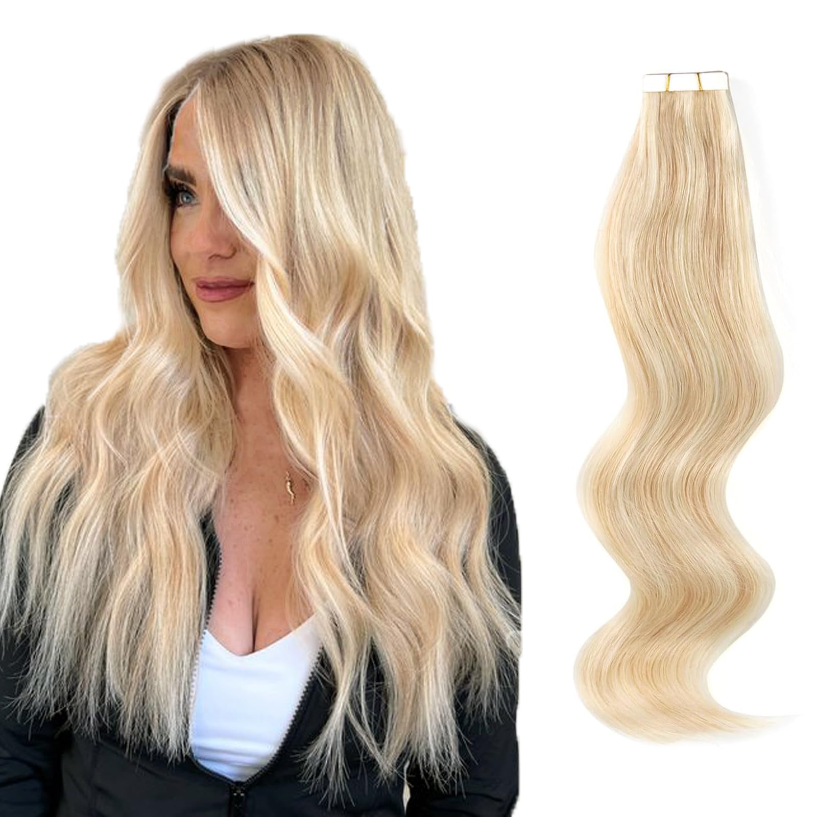 Abh Amazingbeauty Hair Pre-Taped Double Sided Tape Hair Extensions Blonde Highlights Remy Human Hair Skin Weft, Invisible, Seaml