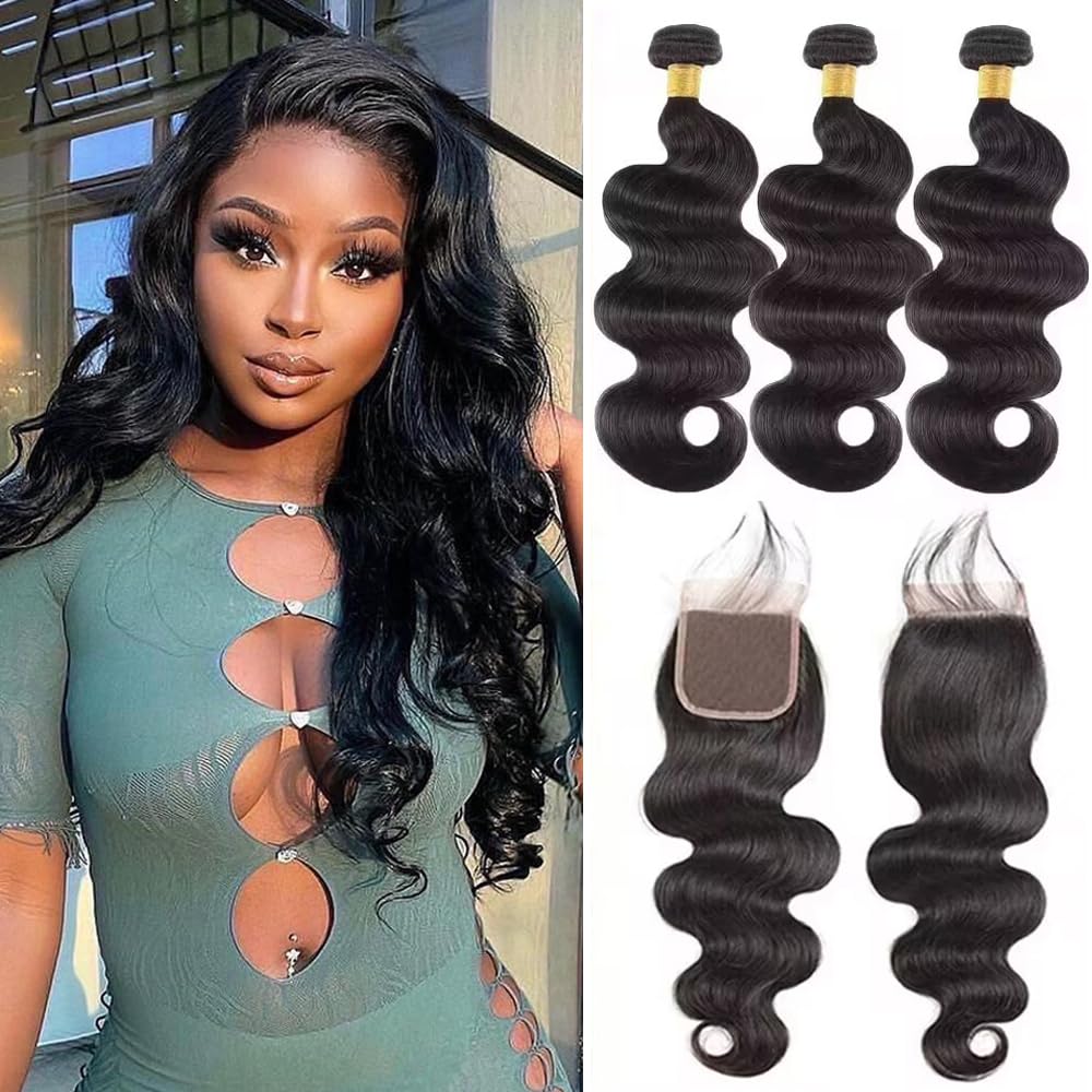 Brazilian Body Wave Bundles with Closure (18 20 22+16) 100% Unprocessed Human Hair Closure with 3 Bundles Weave Virgin Hair Bund