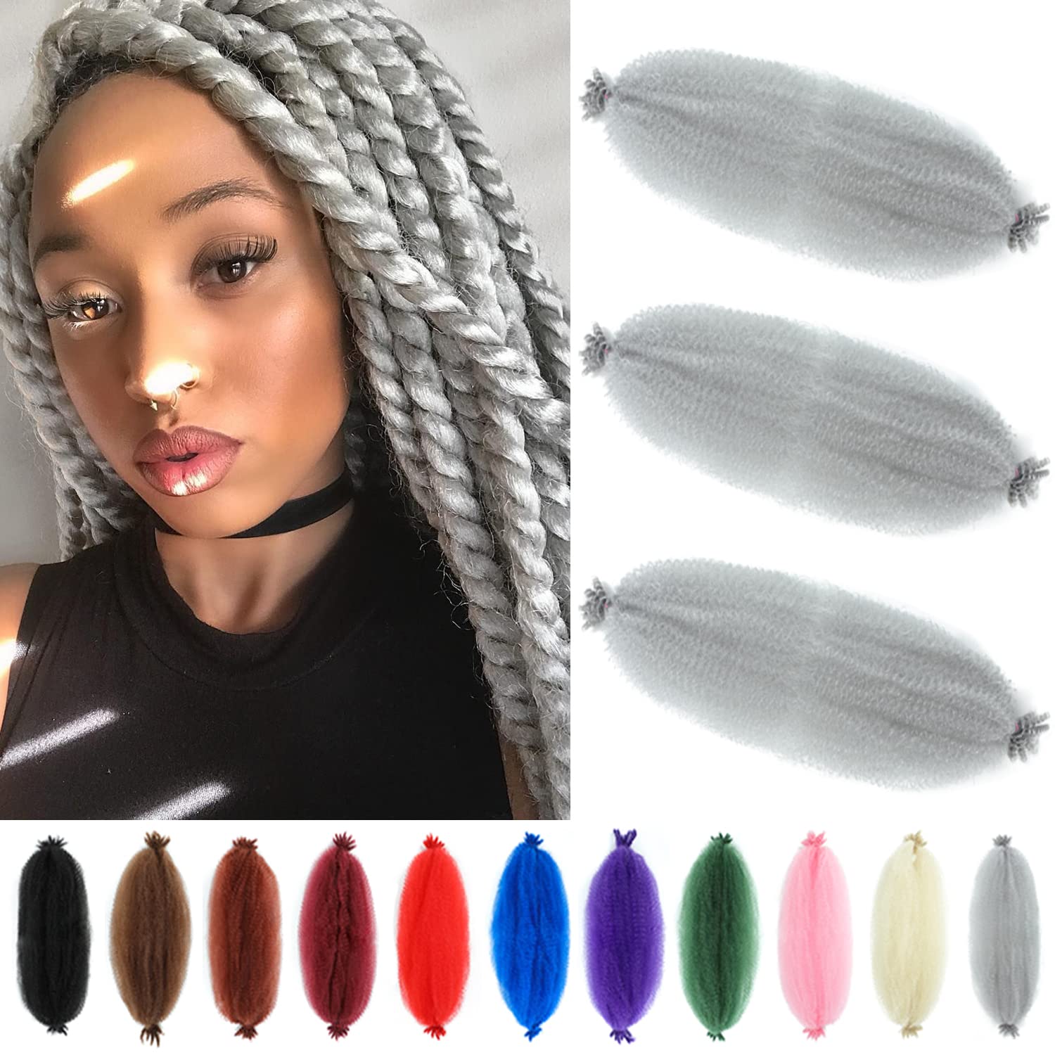 Springy Afro Twist Hair 24 Inch 3 Packs Grey Color Pre Fluffed Marley Twist Braiding Hair for Black Women (24 inch, Grey)