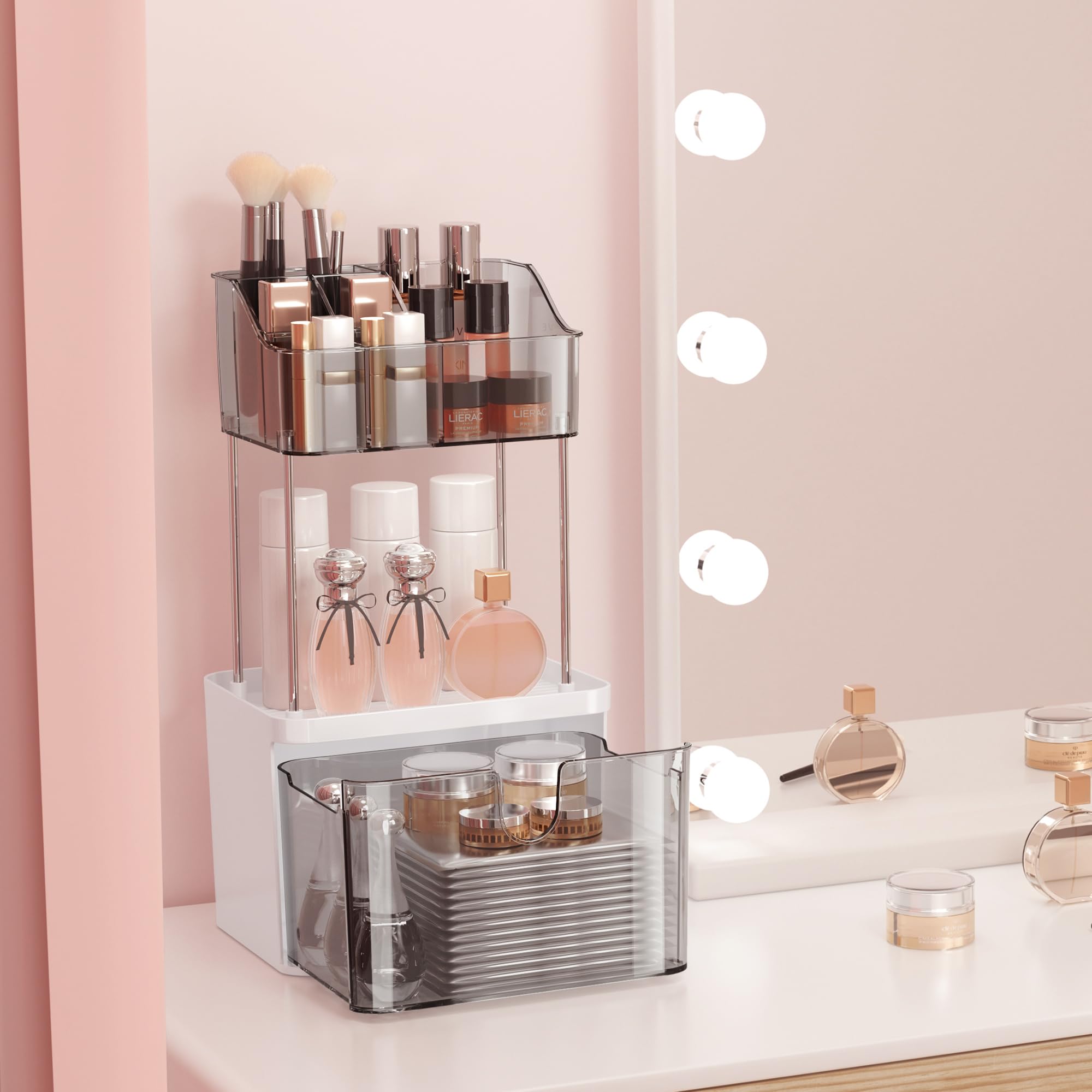 Doadw 3 Tier Makeup Organizer Countertop With Drawer - Bathroom Makeup Organizer Countertop - Small Multi-Purpose Skin Care Orga
