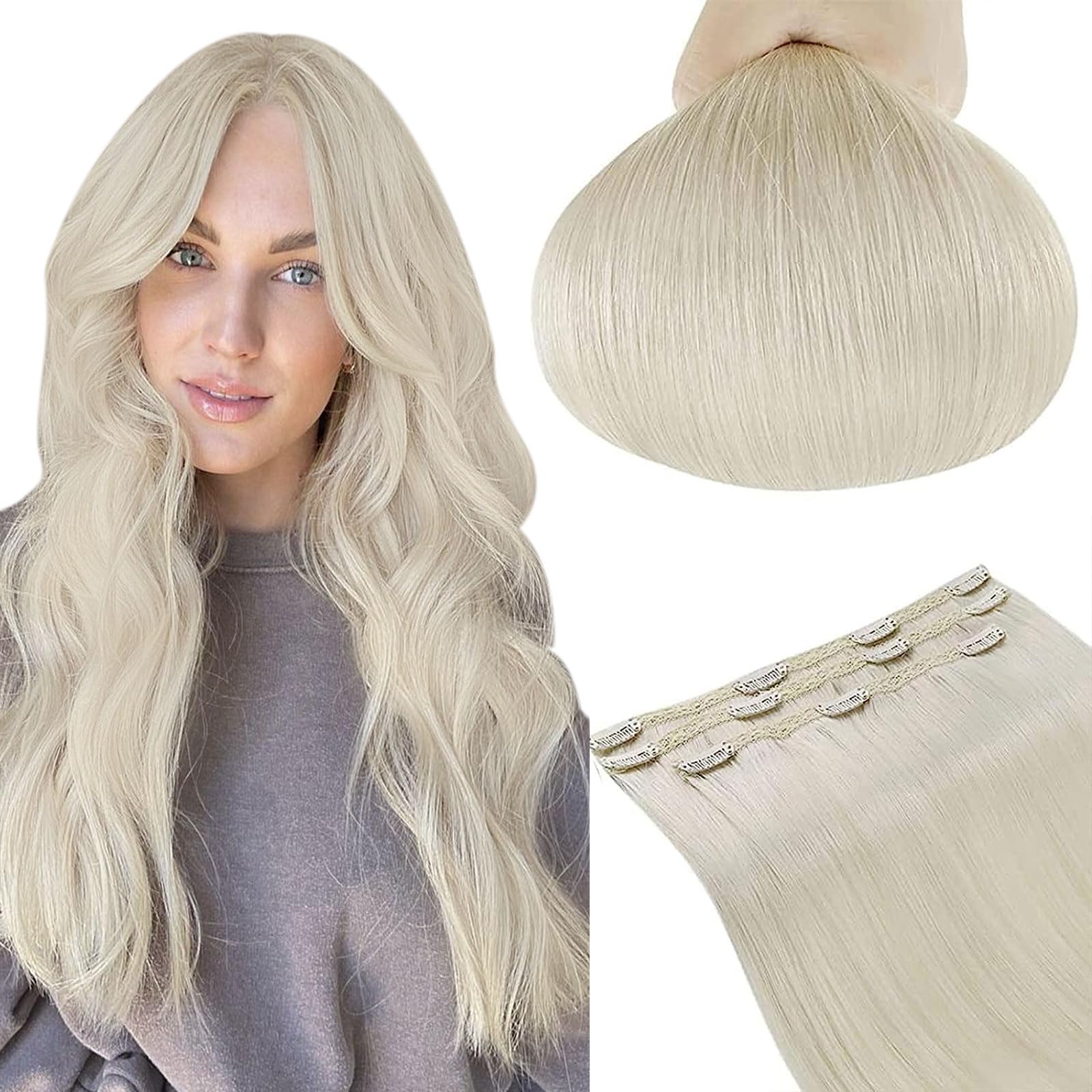 RUANTURE Clip in Hair Extensions Real Human Hair White Blonde 20 Inch Human Hair Clip in Extensions Blonde Remy Clip in Hair Ext