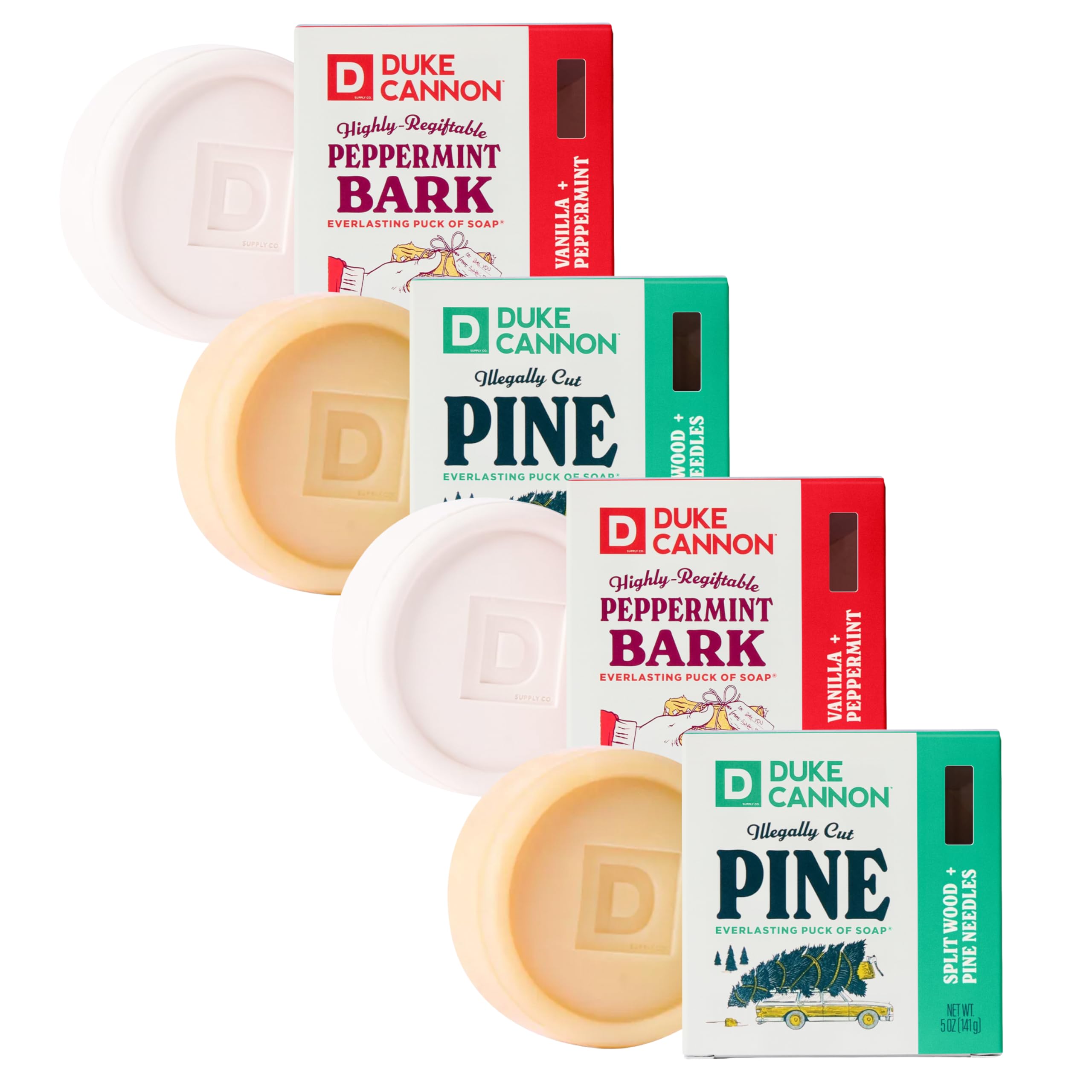 Duke Cannon Holiday Soap for Men, Illegally Cut Pine 2 Pack & Peppermint Bark 2 Pack Scented 5 oz Soap Pucks, Long-Lasting Extra