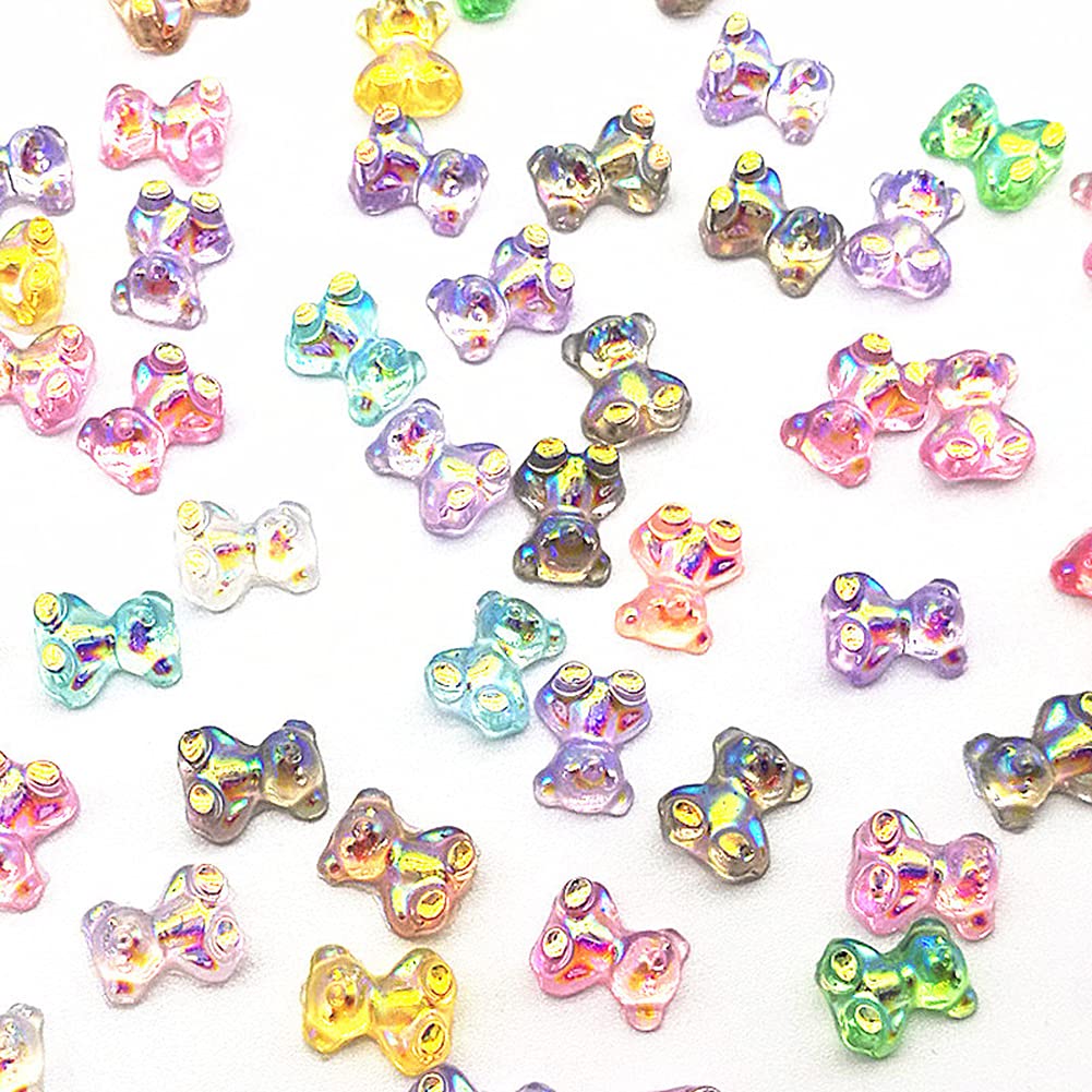 SUKPSY 50 Pcs 3D Mix Color Cute Bear Resin Nail Art Decorations Aurora Glitter Nail Charm Ornaments for Nail Art Design Manicure