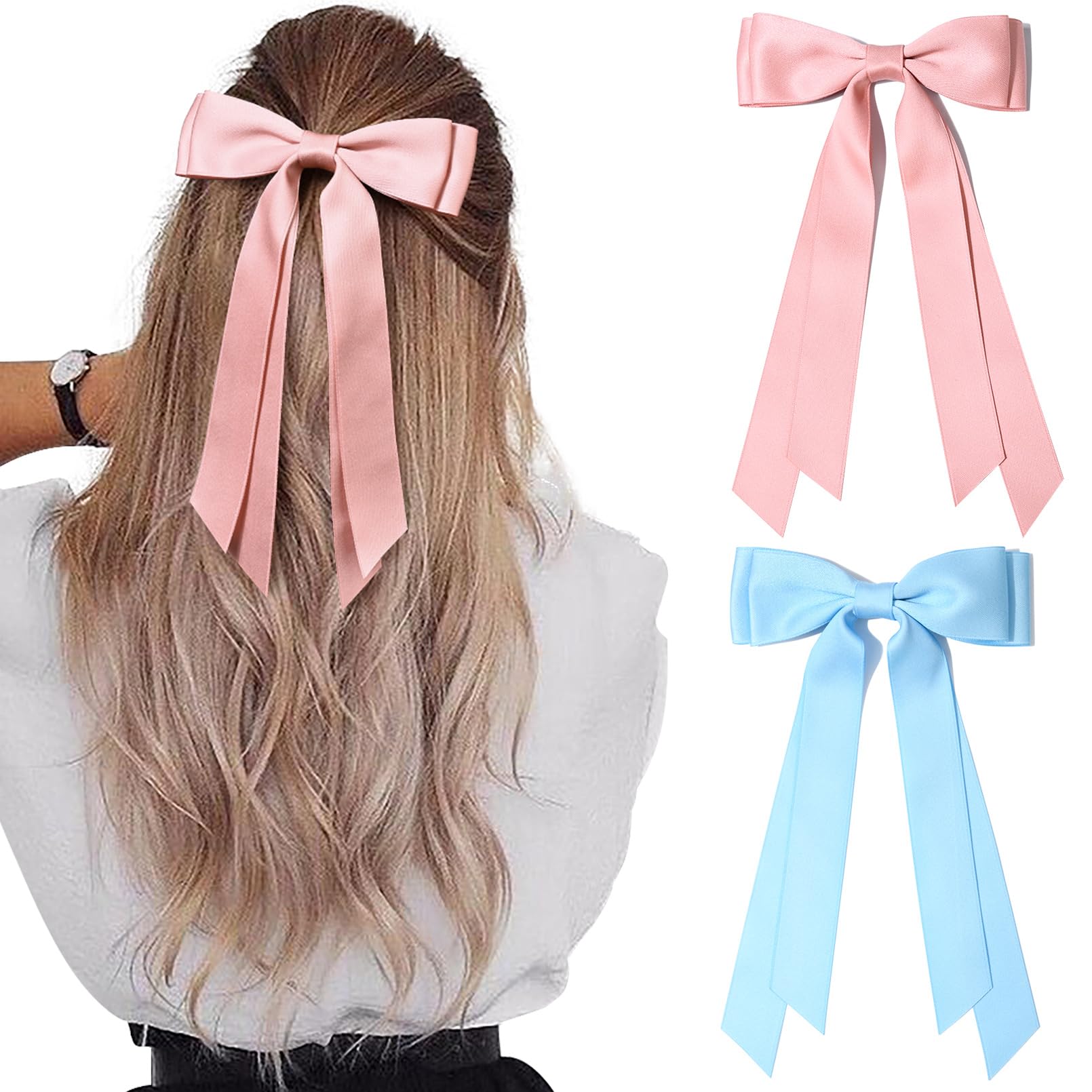 2PCS Silky Satin Hair Bows Hair Clip Pink Blue Hair Ribbon Ponytail Holder Accessories Slides Metal Clips Hair Bow for Women Gir