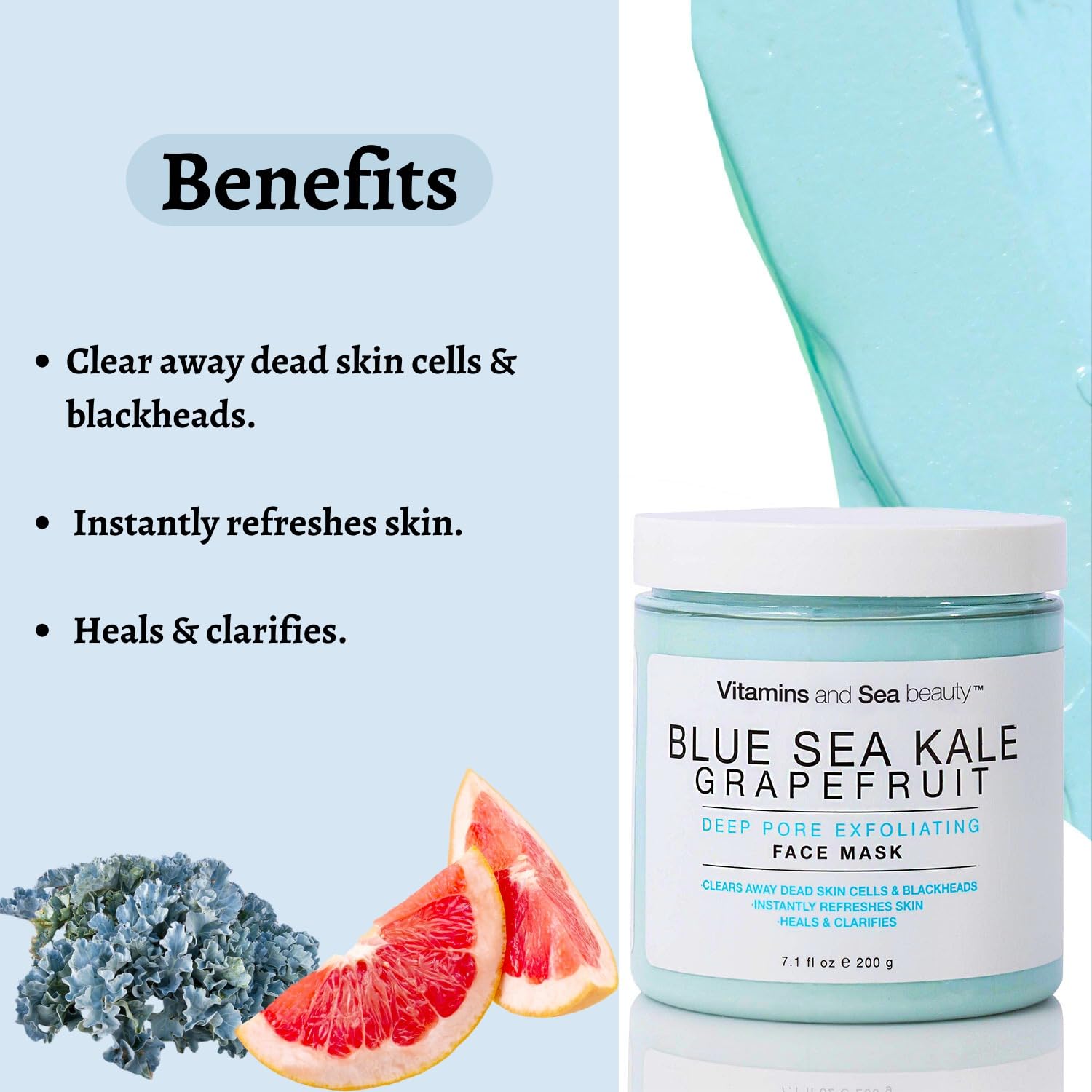 VITAMINS AND SEA BEAUTY, Exfoliating Face Mask Deep Cleansing Purifying Blackhead Pore Control with Blue Sea Kale and Grapefruit