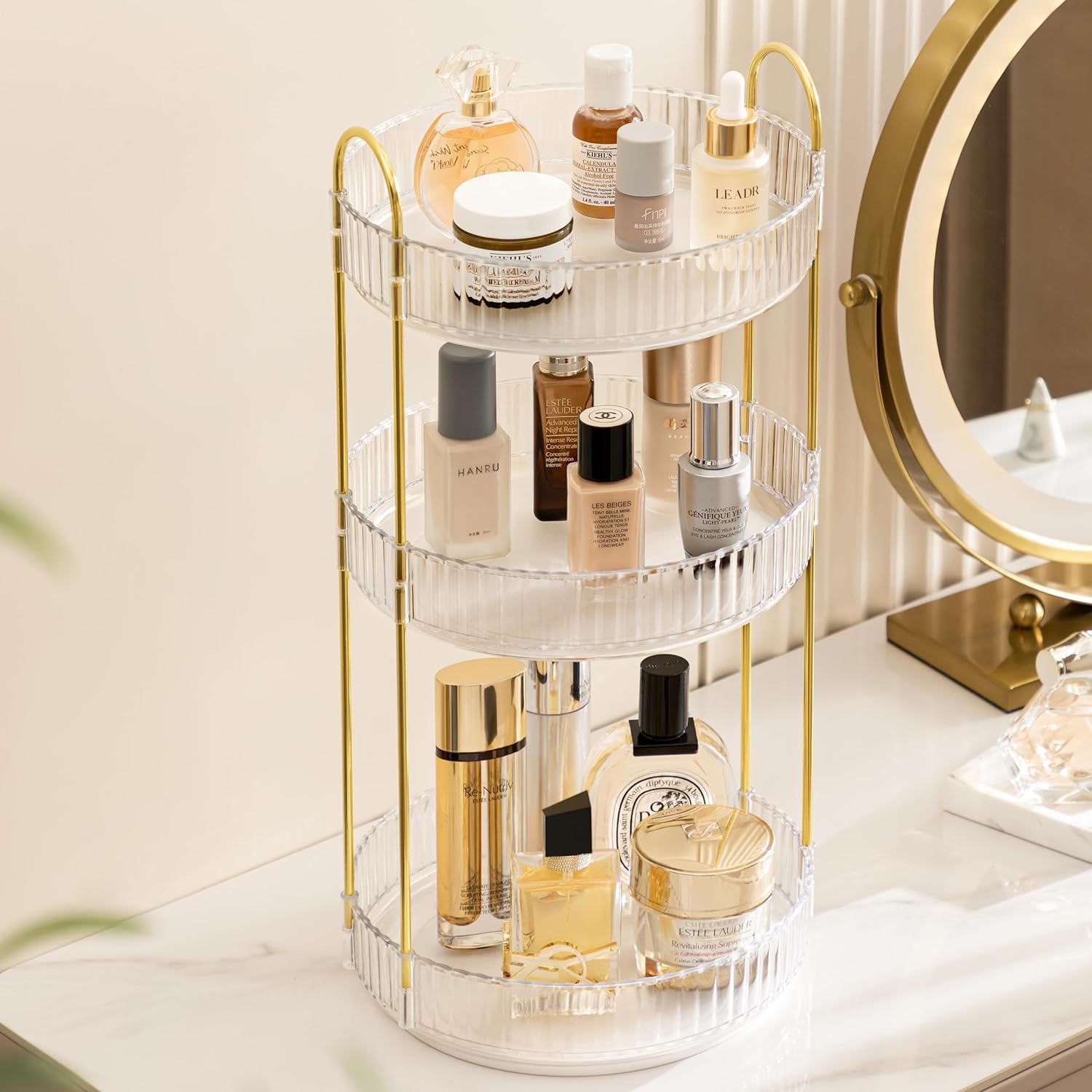 Vorey 360 Rotating Makeup Organizer Countertop Clear 3 Tier Bathroom Organizer Spinning Perfume Organizers, Skincare Organizers