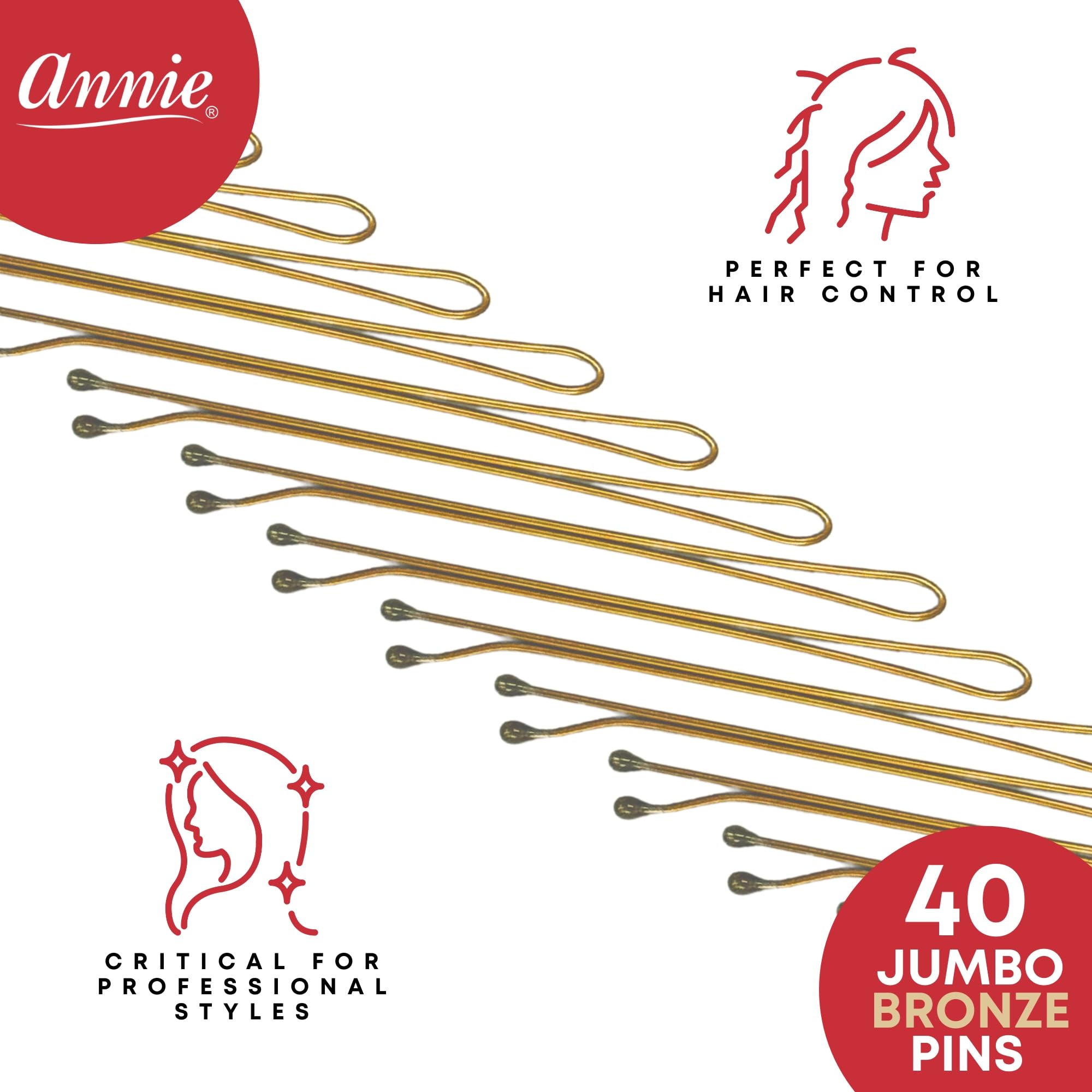 Annie Jumbo Bob Hair Pins - 40 Count Brown Alloy Steel Roller Pins