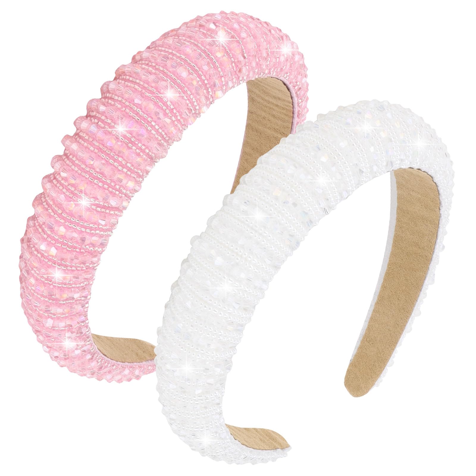 Wecoe White & Pink Rhinestone Headbands, 2pcs Fashion Cute Bling Sparkly Diamond Padded Thick Puffy Hair Bands for Women & Girls