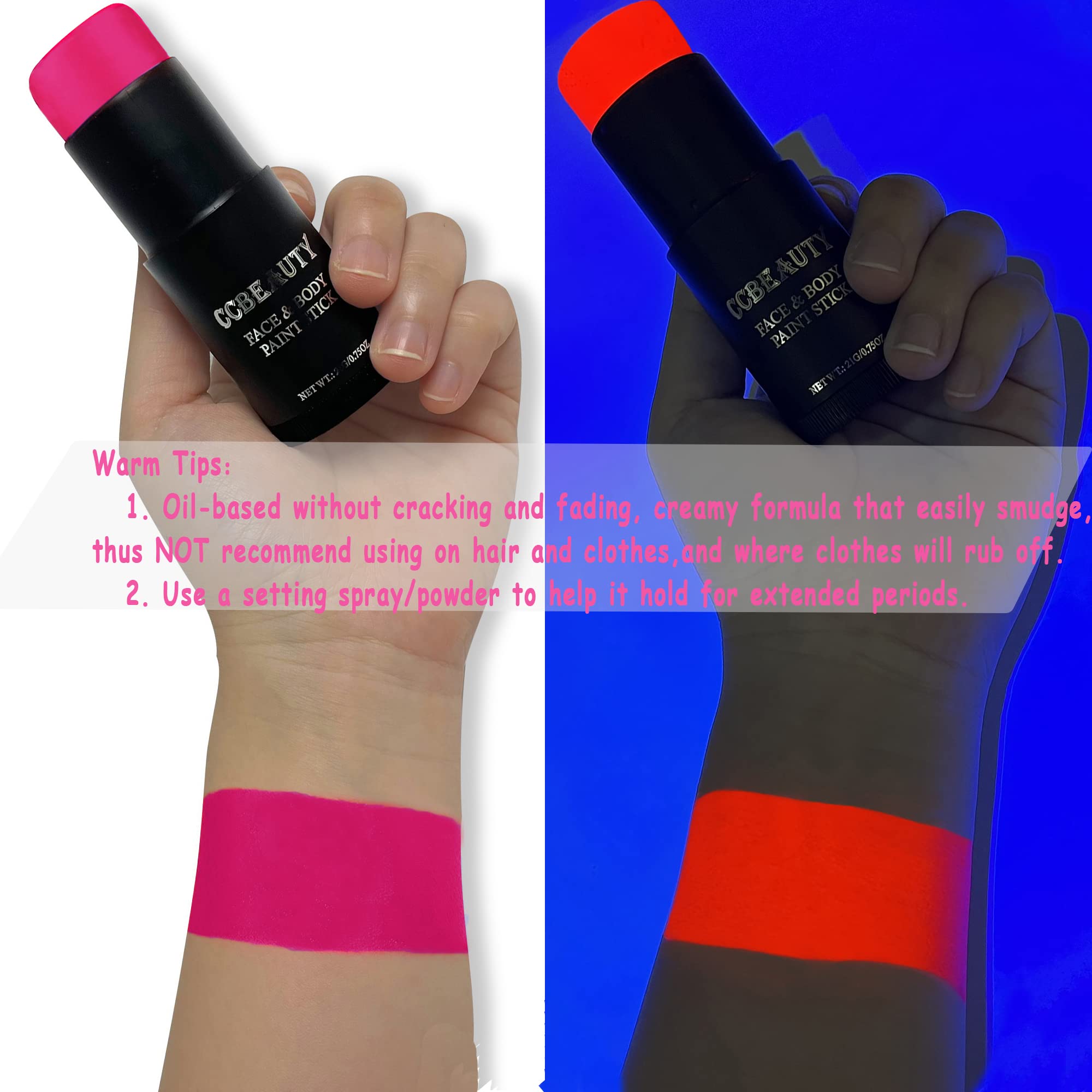 Ccbeauty Neon Pink Face Body Paint Stick Oil, Hot Pink Eye Black, Face Painting Kit Glow In The Black Lights Clown Makeup, Hallo
