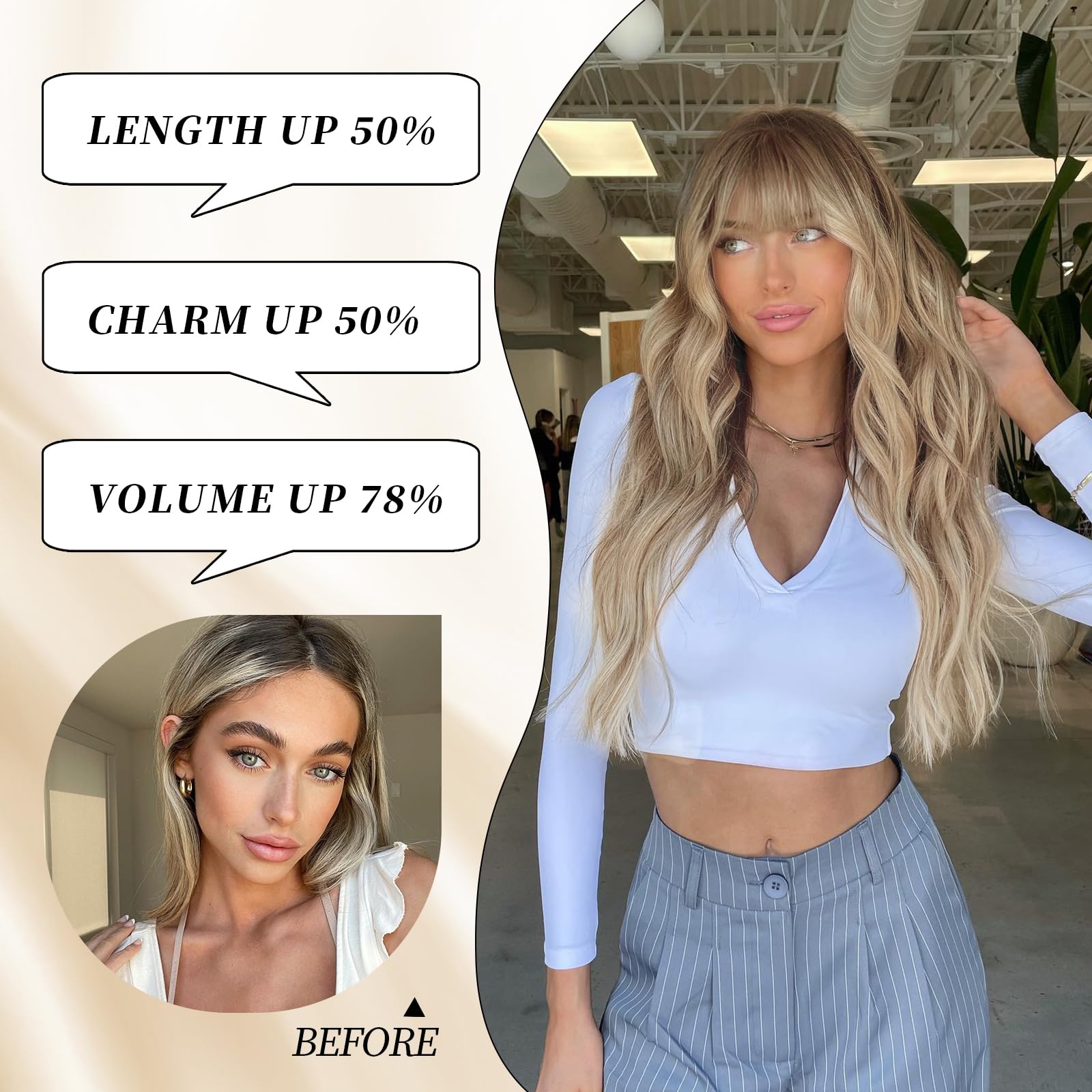 Lativ Dirty Blonde Wig With Bangs Long Wavy Curly Ombre Blonde Wig With Dark Roots Synthetic Heat Resistant Wigs For Women Daily