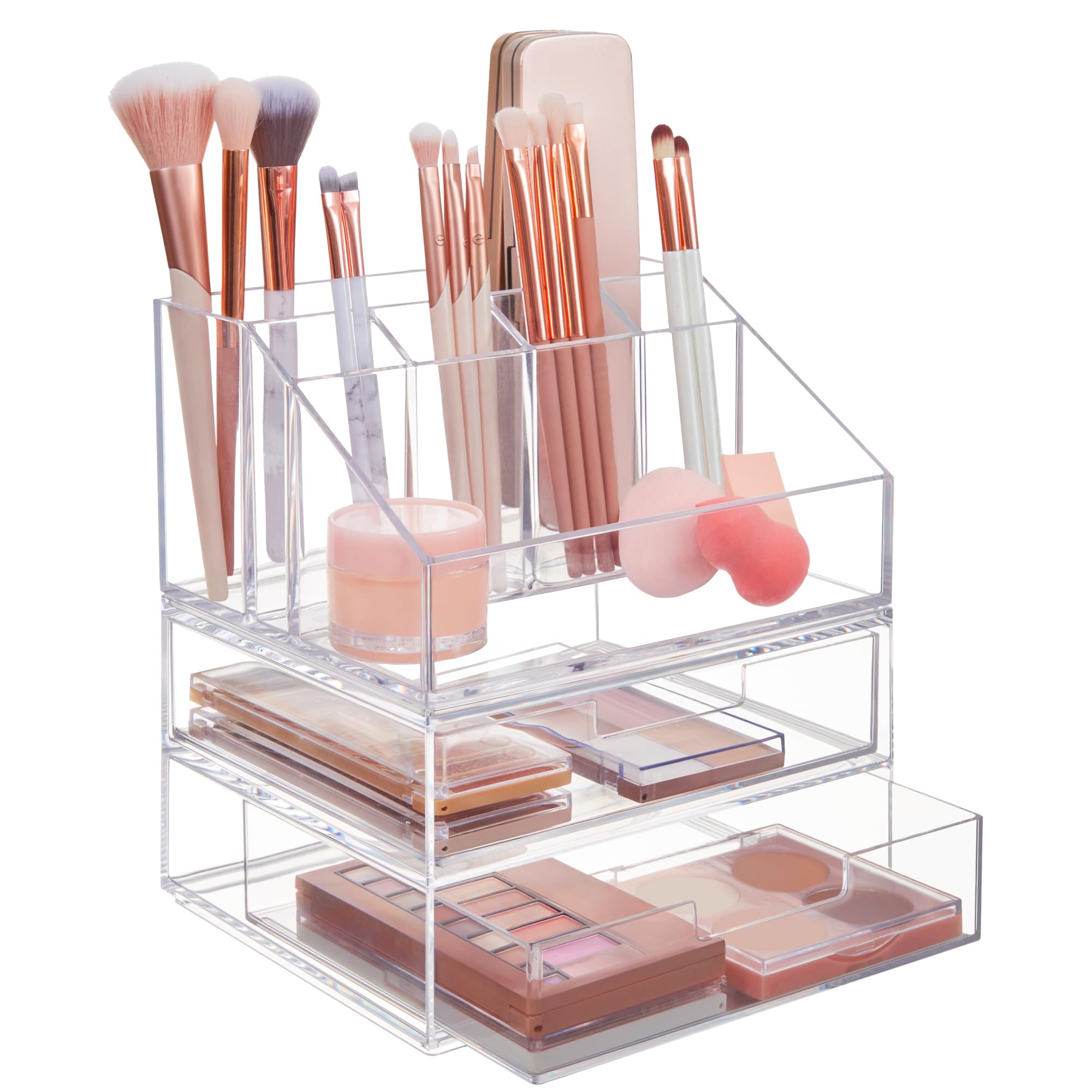 Stori Chloe Stackable Clear Makeup Holder And Double Organizer Drawer Set  Organize Cosmetics And Beauty Supplies  Made In Usa