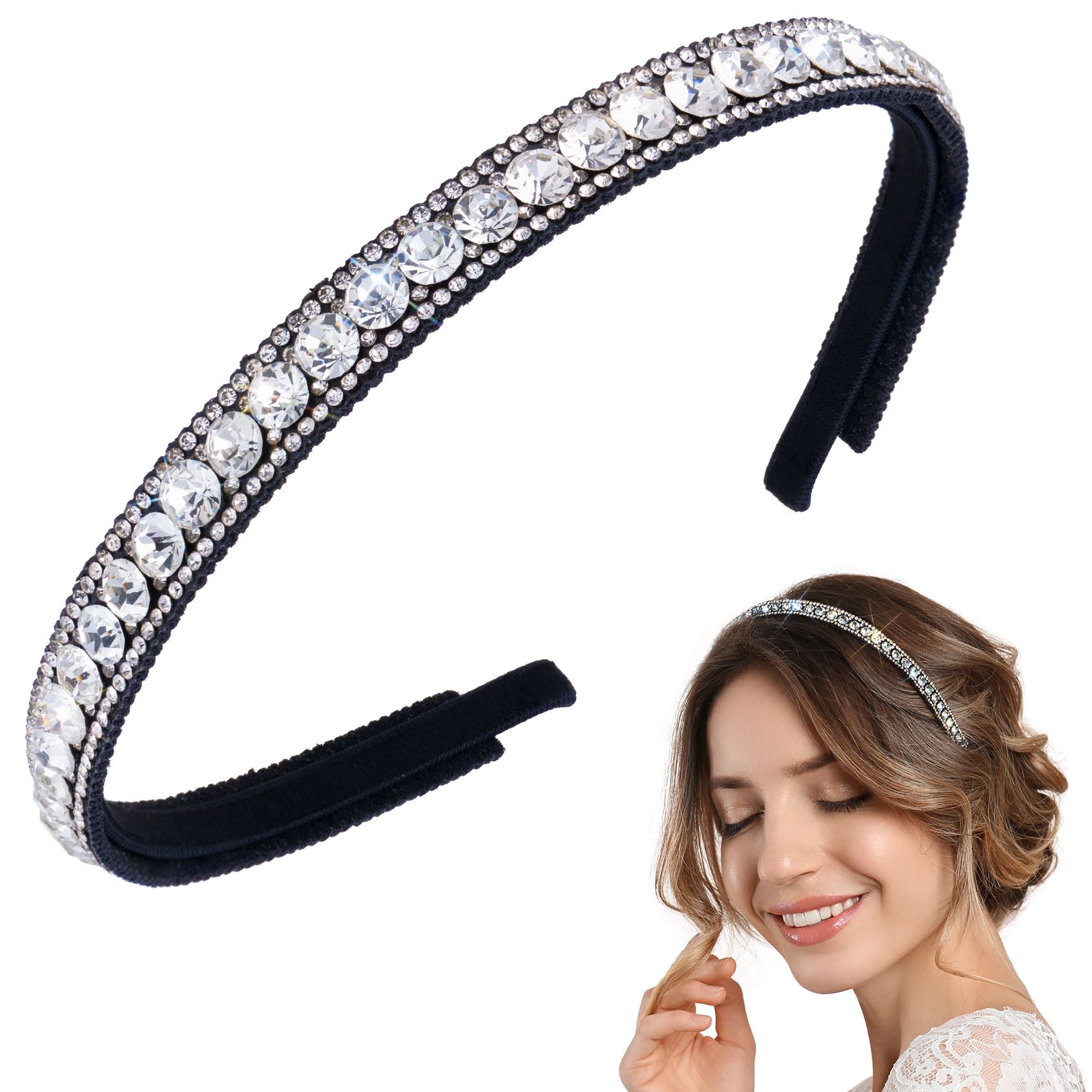 HINZIC Non-Slip Rhinestone Headbands for Women, Sparkling Crystal Hair Bands for Bridal Wedding, Bling Diamond Hair Styling Clip
