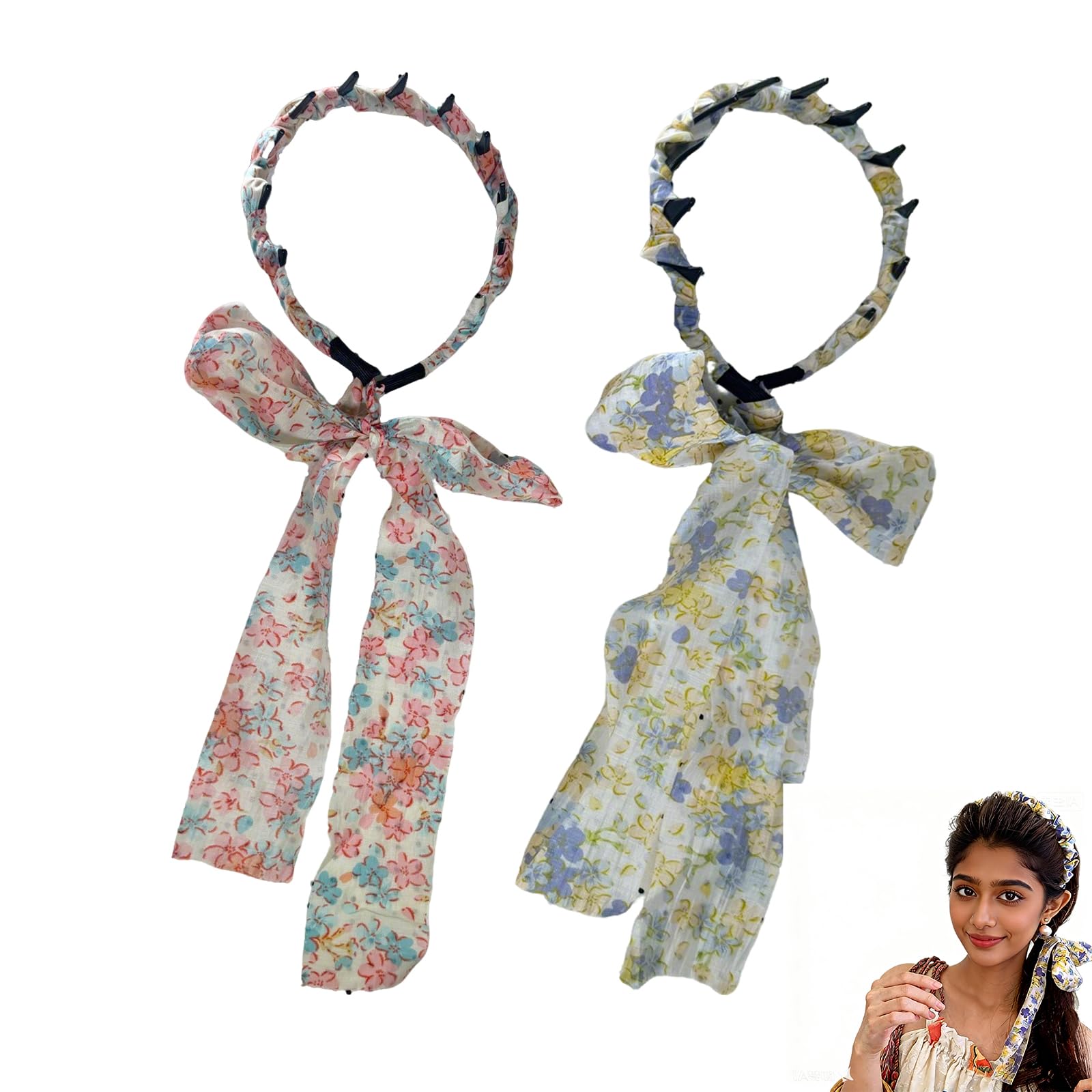 Yuisi Floral Braided Headbands For Women  2Pcs Fabric Hair Bands With Ribbon Bow, Elegant Hair Accessories For Women Girls, Dai