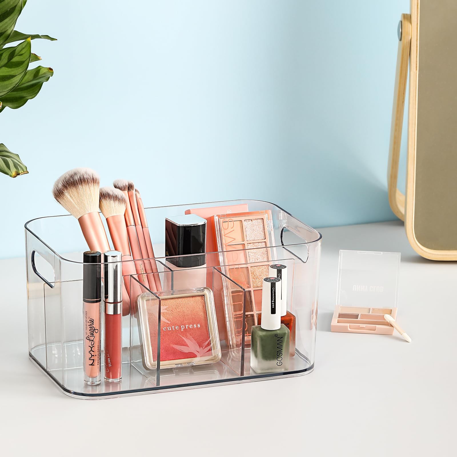 2 Pack, 5-Compartment Clear Plastic Bin - Divided Art Supplies, Cosmetic Makeup Caddy Organizer - Multiuse Storage Container For