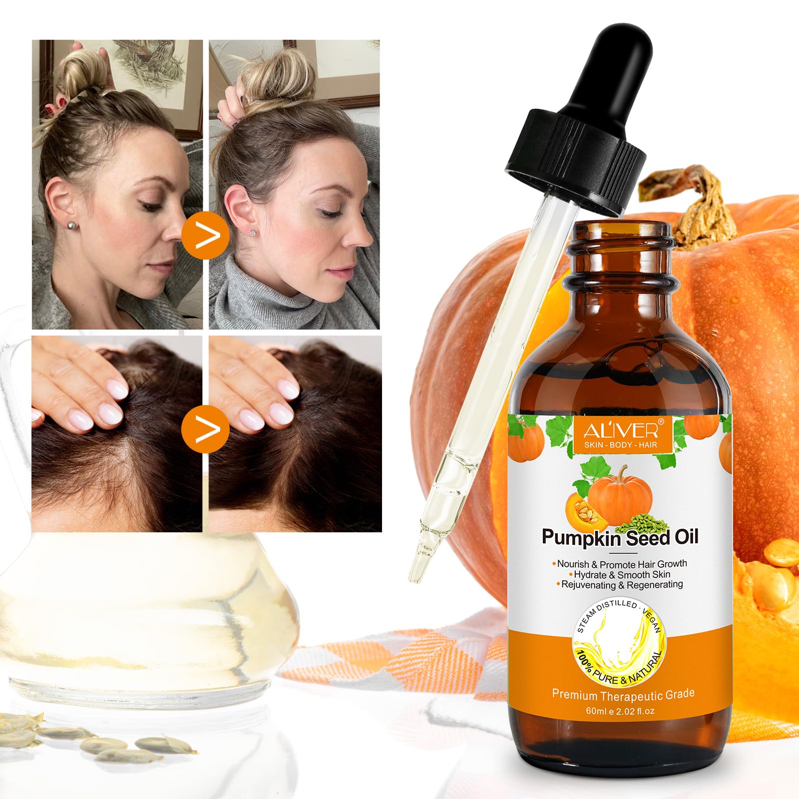 Pumpkin Seed Oil 2Fl Oz, Pure Cold Pressed Pumpkin Seed Oil For Dry Damaged Hair Growth, Moisturizing Scalp, Nourishment For All