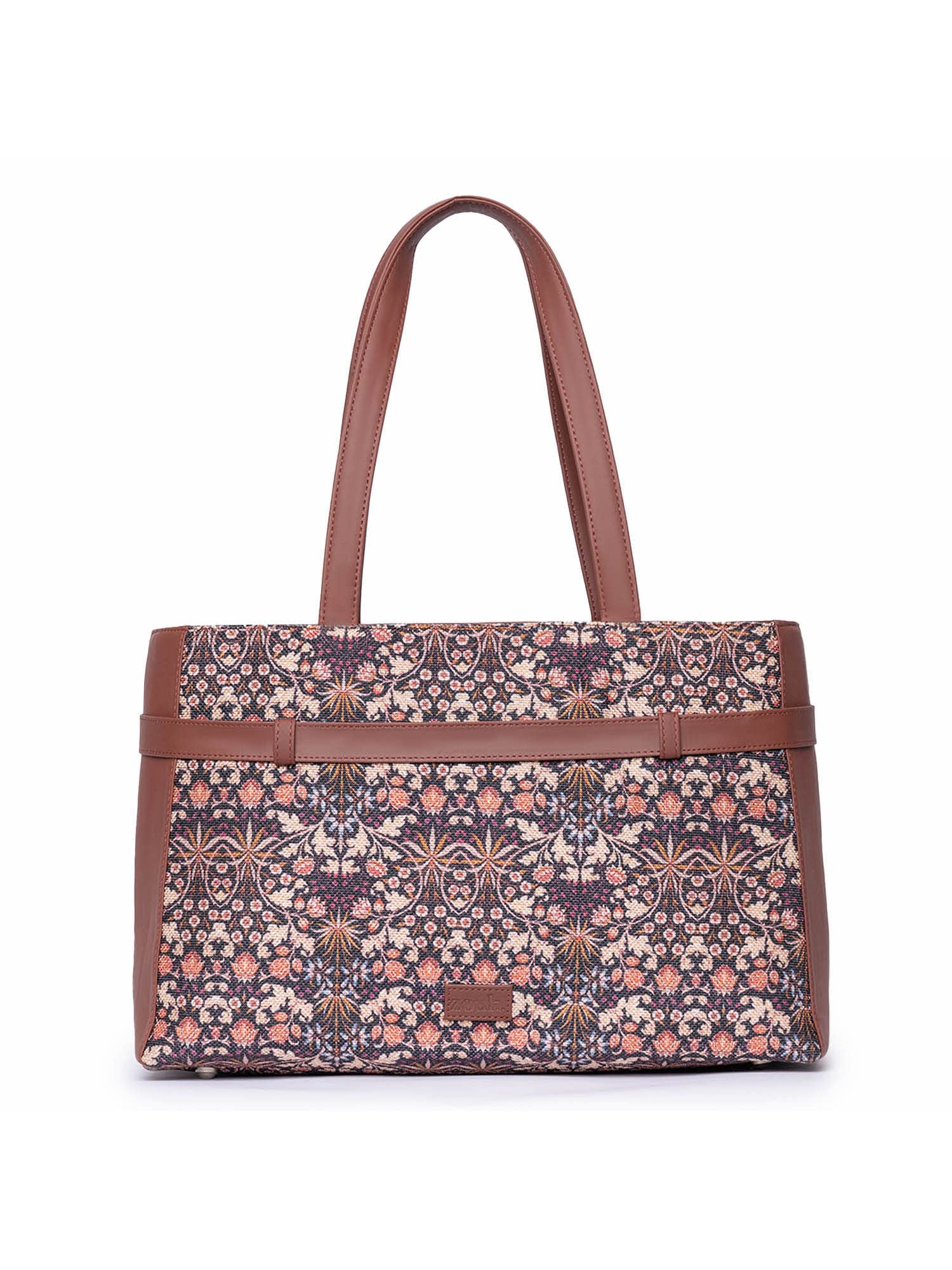 Zouk Kashmir Blooms Floral Printed WomenS Jute Handcrafted Vegan Leather Multicolor Statement Office Shoulder Bag