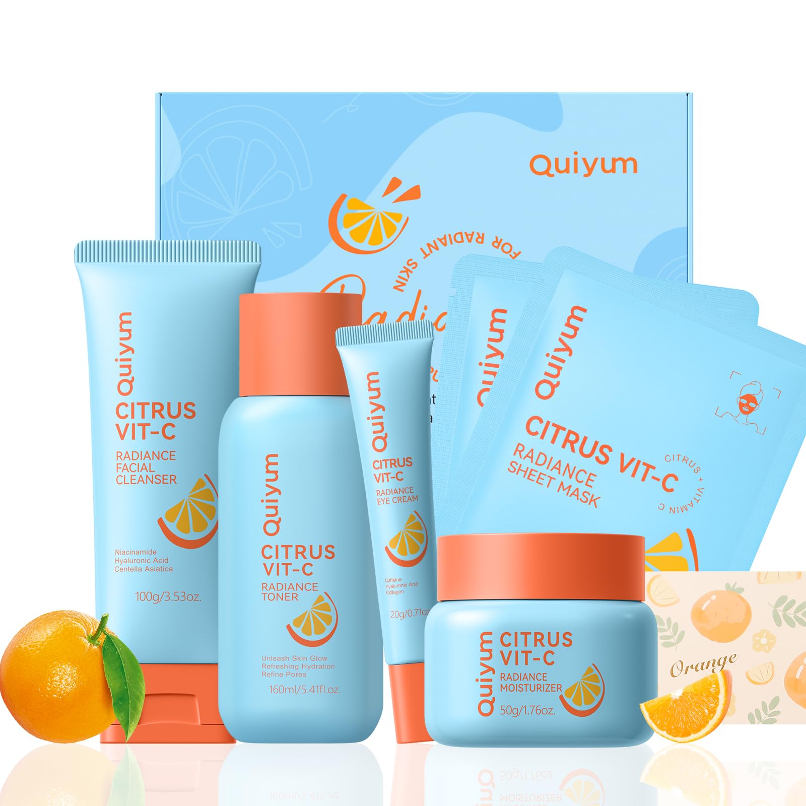 Citrus Vitamin C Skin Care Set, K-Beauty Skincare for Women Teens Girls- Gift Set with Cleanser, Toner, Eye Cream, Moisturizer, 