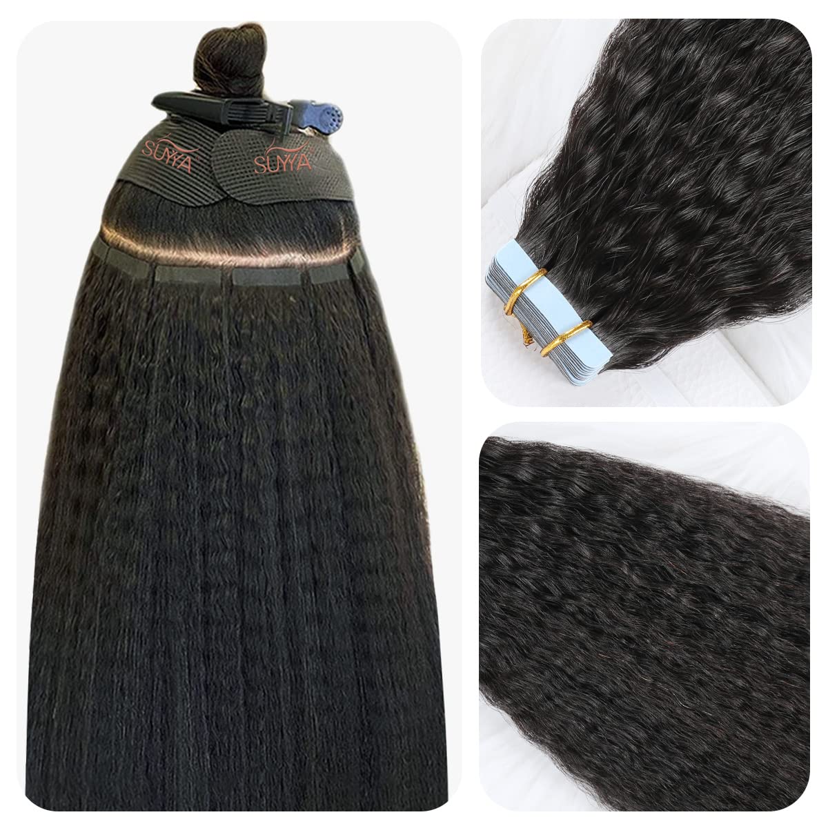 Suyya Tape In Hair Extensions Human Hair Kinky Straight Tape In Extensions Natural Black 14 Inch Skin Weft 40G/Pack 20Pcs Tape I