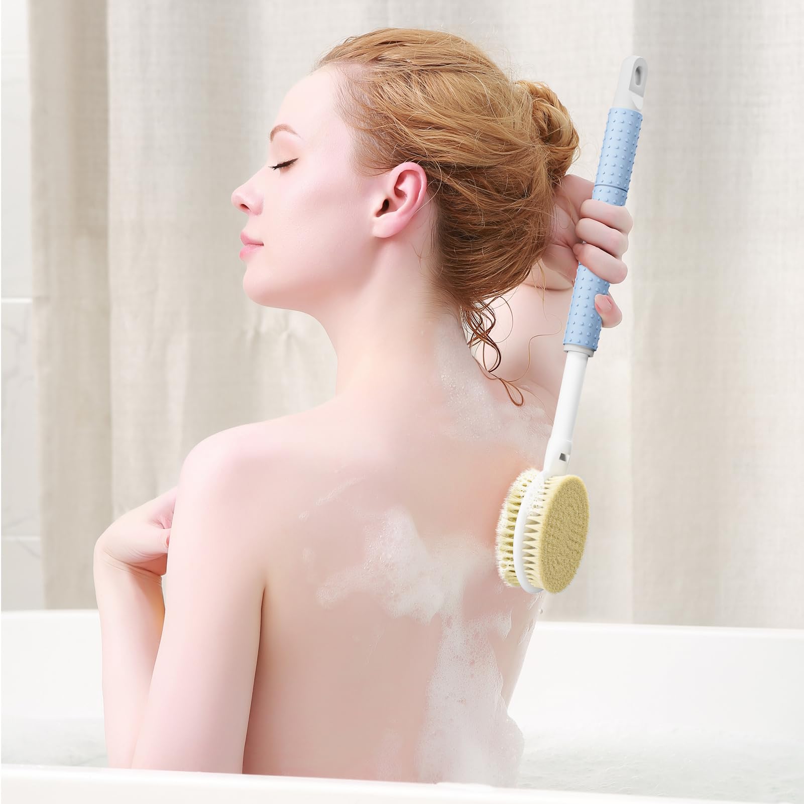 Shower Brush With Soft And Stiff Bristles,16''-24'' Long Adjustable Telescopic Massage Handle,Dual-Sided Back Scrubber Bath Brus