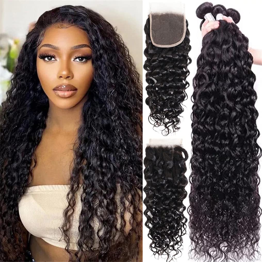 Water Wave Bundles With Closure Brazilian Virgin Human Hair Bundles With Closure Wet And Wavy Bundles For Black Women Water Curl