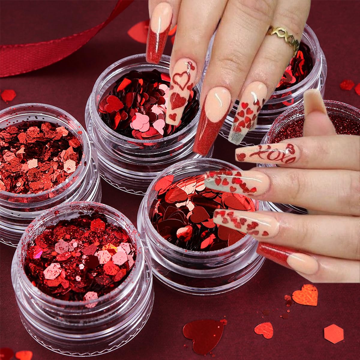 6Pcs Valentines Nail Art Glitter Flake 3D Red Nail Sequins Heart Shaped Nail Art Decoration Holographic Valentines Day Nail Glit