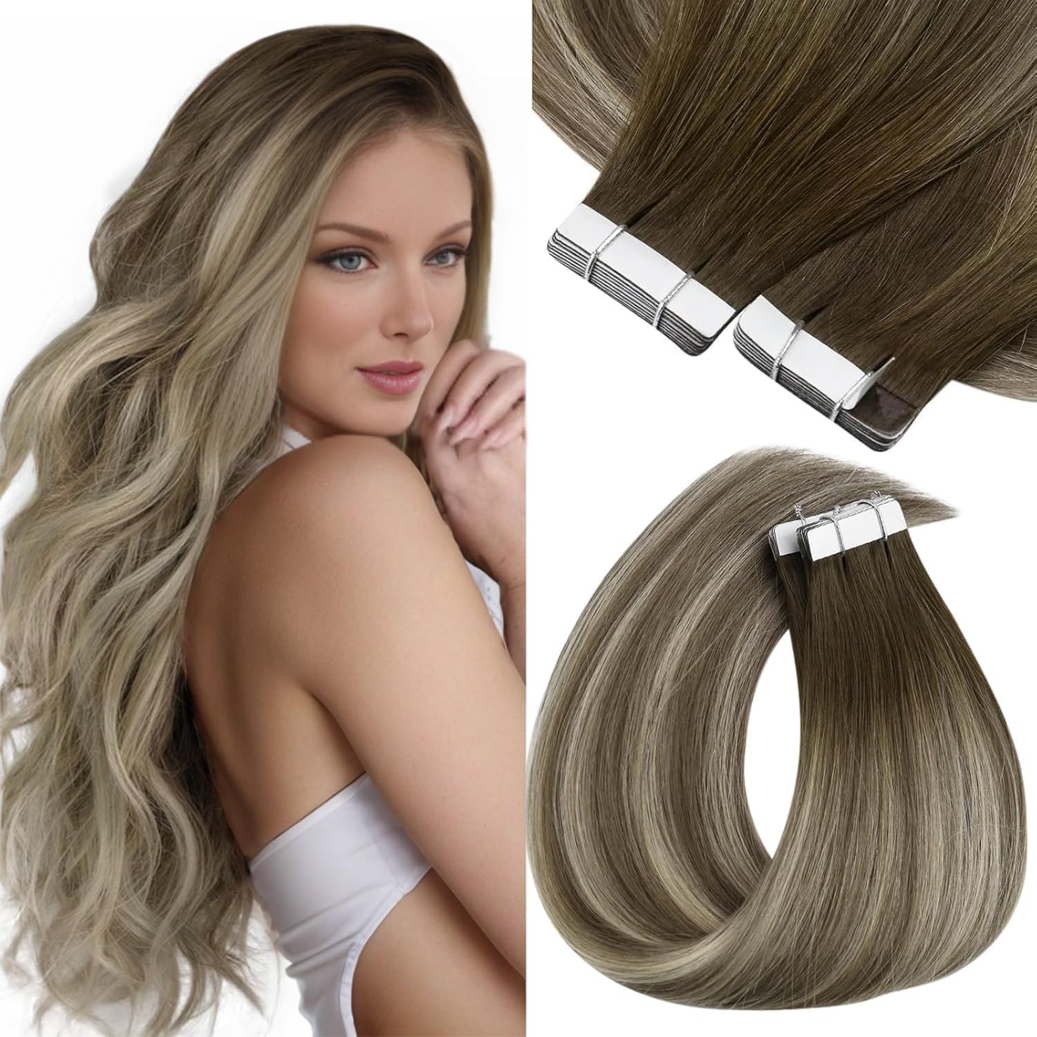 Sunny Hair Brown Balayage Tape In Hair Extensions For Women Human Hair Tape In Extensions Cool Brown Fading To Ash Brown Mix Lig
