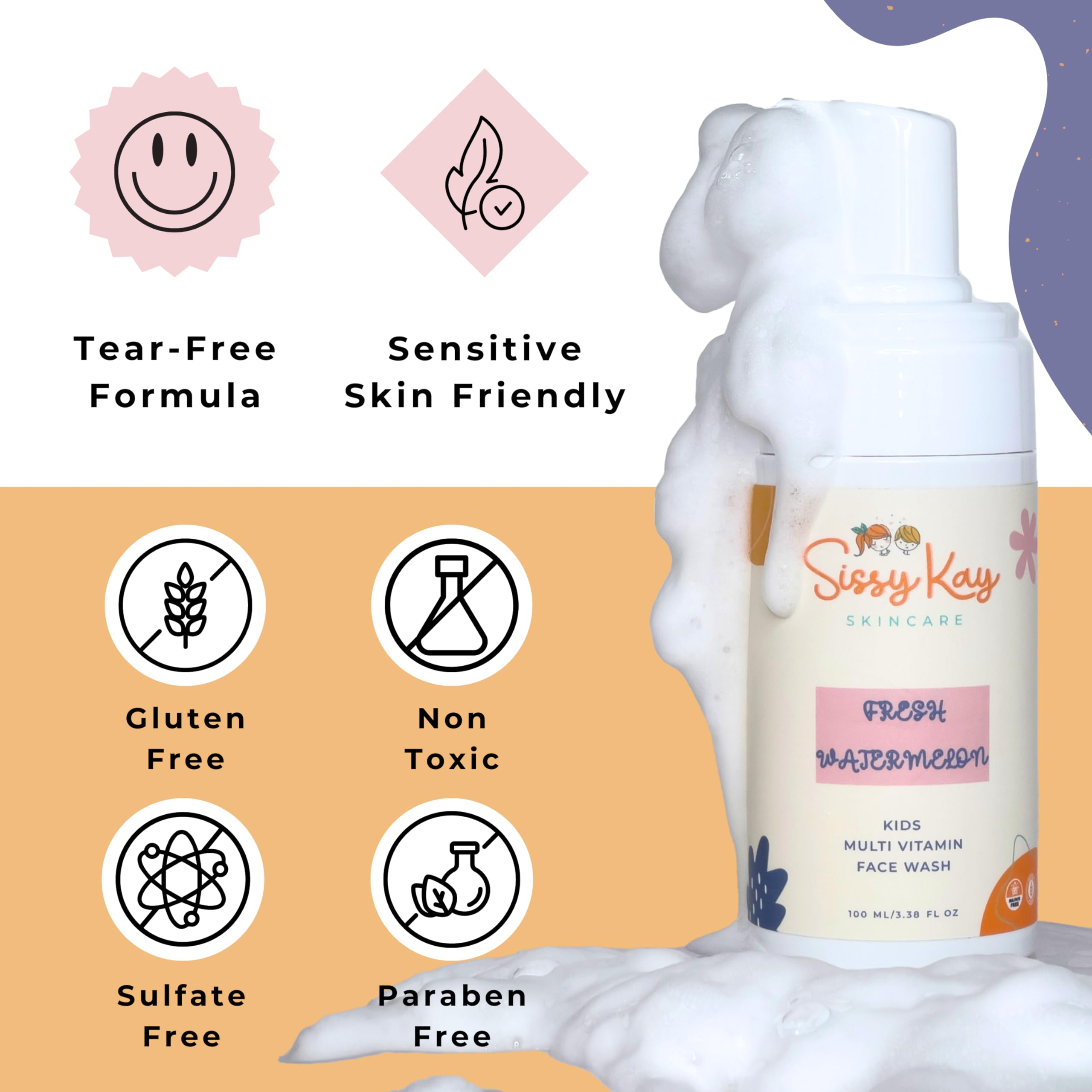 Sissy Kay Kids Face Wash - Foaming Face Wash For Kids - Gentle Skin Care - Natural Face Cleanser With Vitamin C & Vitamin E - Fo