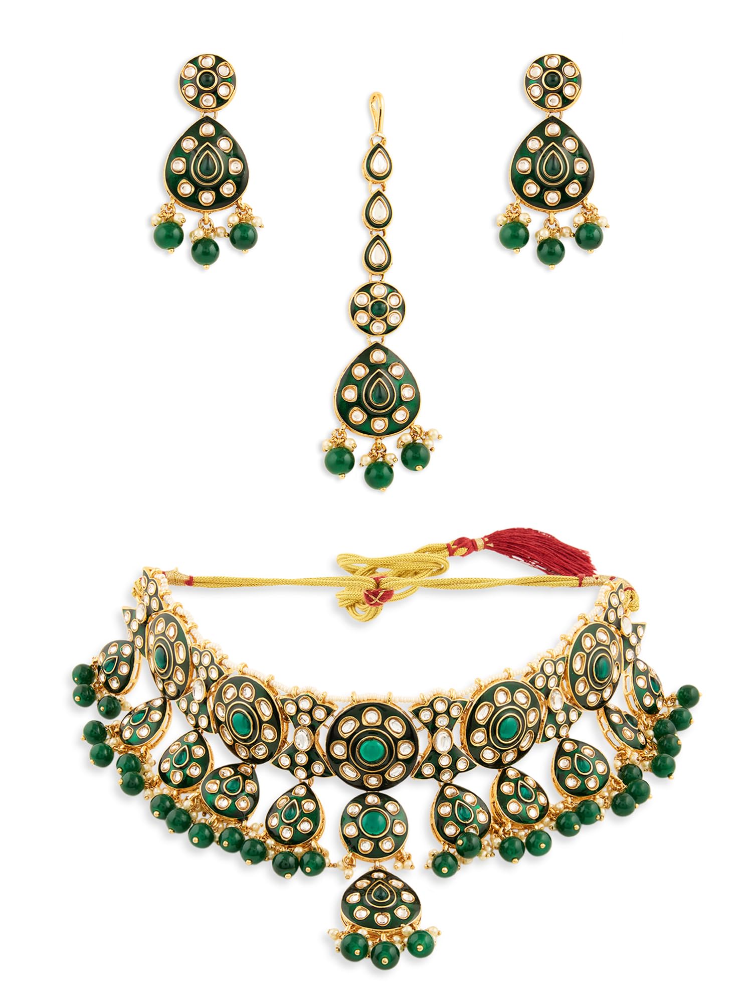Zaveri Pearls Green Meenakari Stones Beads Drop Choker Necklace Earring & Maangtikka Set For WomenZpfk21669