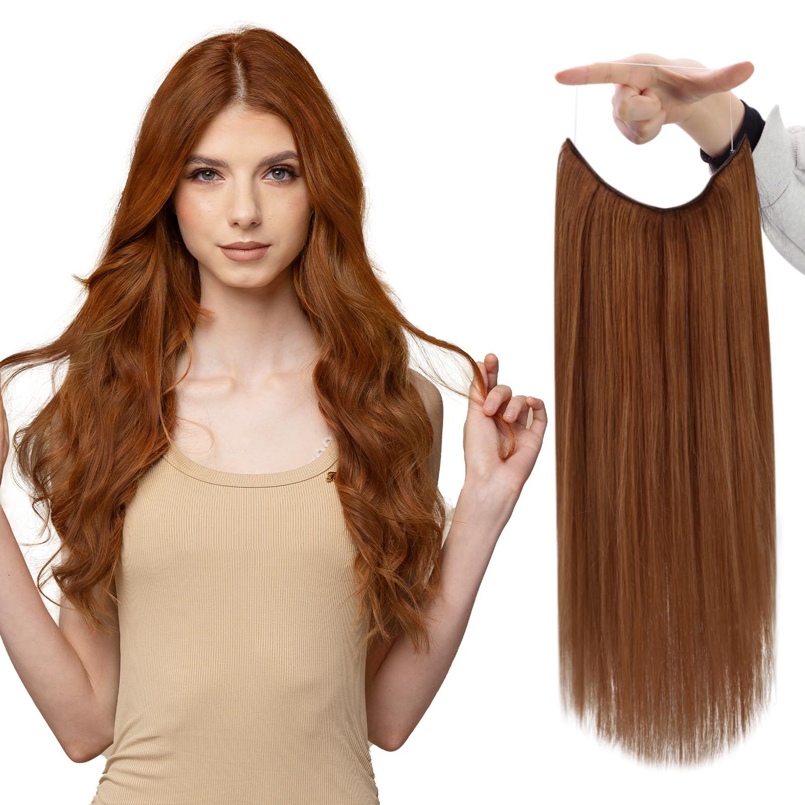 Fshine #550 Wire Hair Extensions Human Hair Pumpkin Spice Invisible Hair Extensions Real Human Hair Copper Red Fish Line Hair Ex
