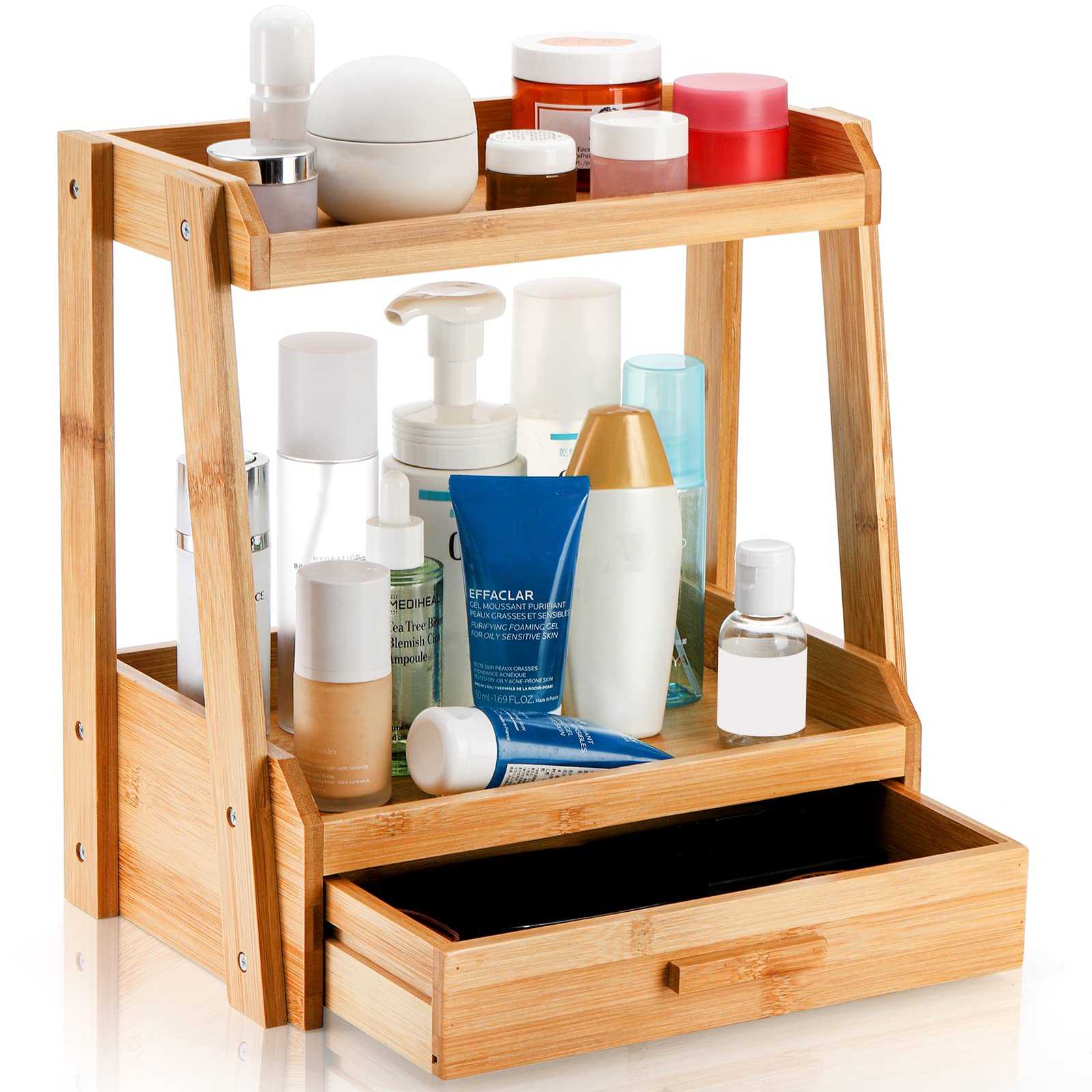 Lyellfe 2 Tier Bamboo Makeup Organizer, Bathroom Counter Organizer With Drawer, Multi-Purpose Cosmetic Perfume Display Stand For